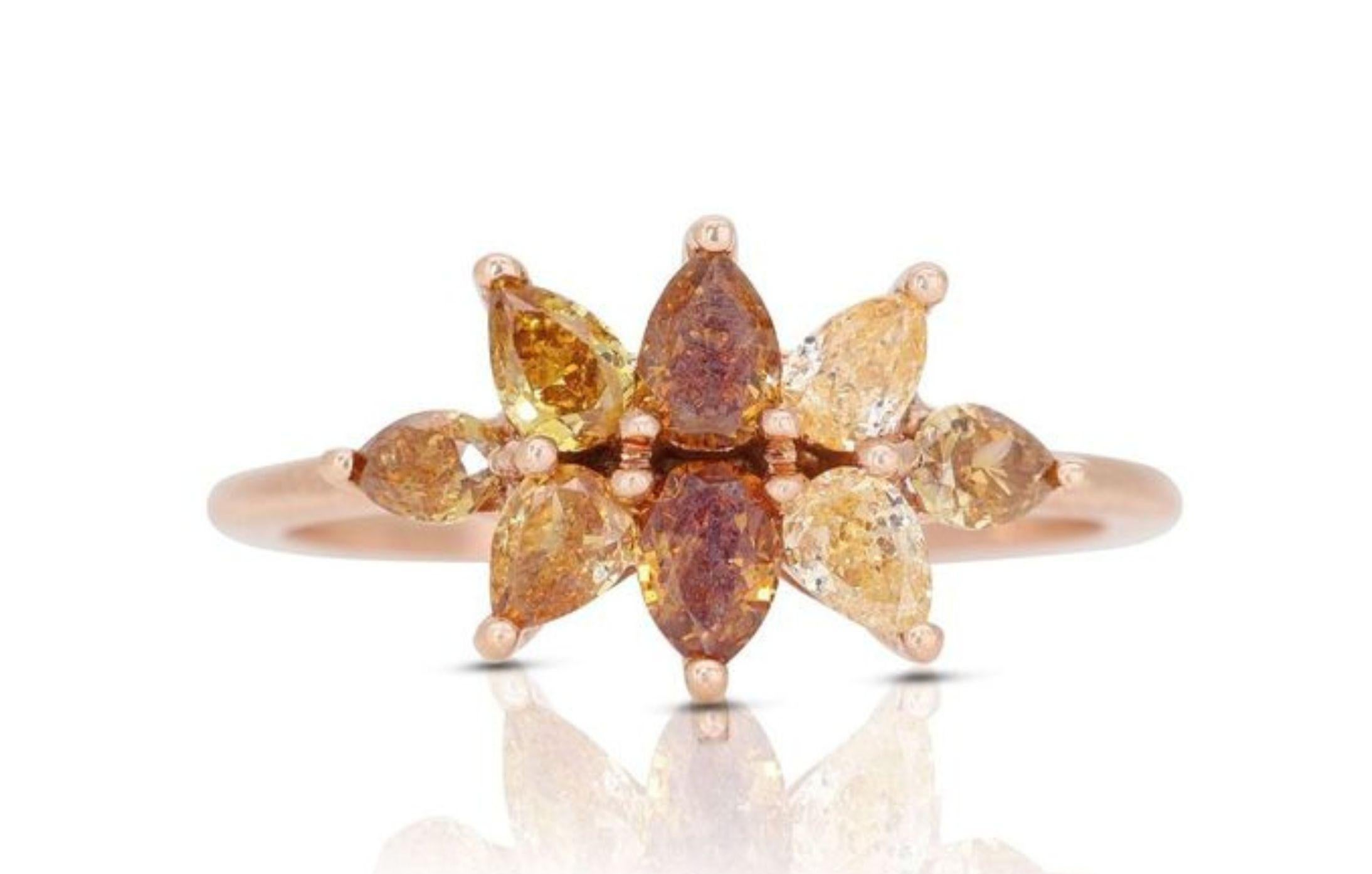 Taille poire Magnifique bague en or rose 14 carats avec diamants au motif floral de 1,02 carat en vente