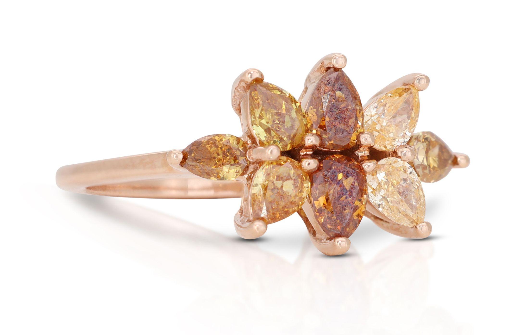 Magnifique bague en or rose 14 carats avec diamants au motif floral de 1,02 carat Neuf - En vente à רמת גן, IL