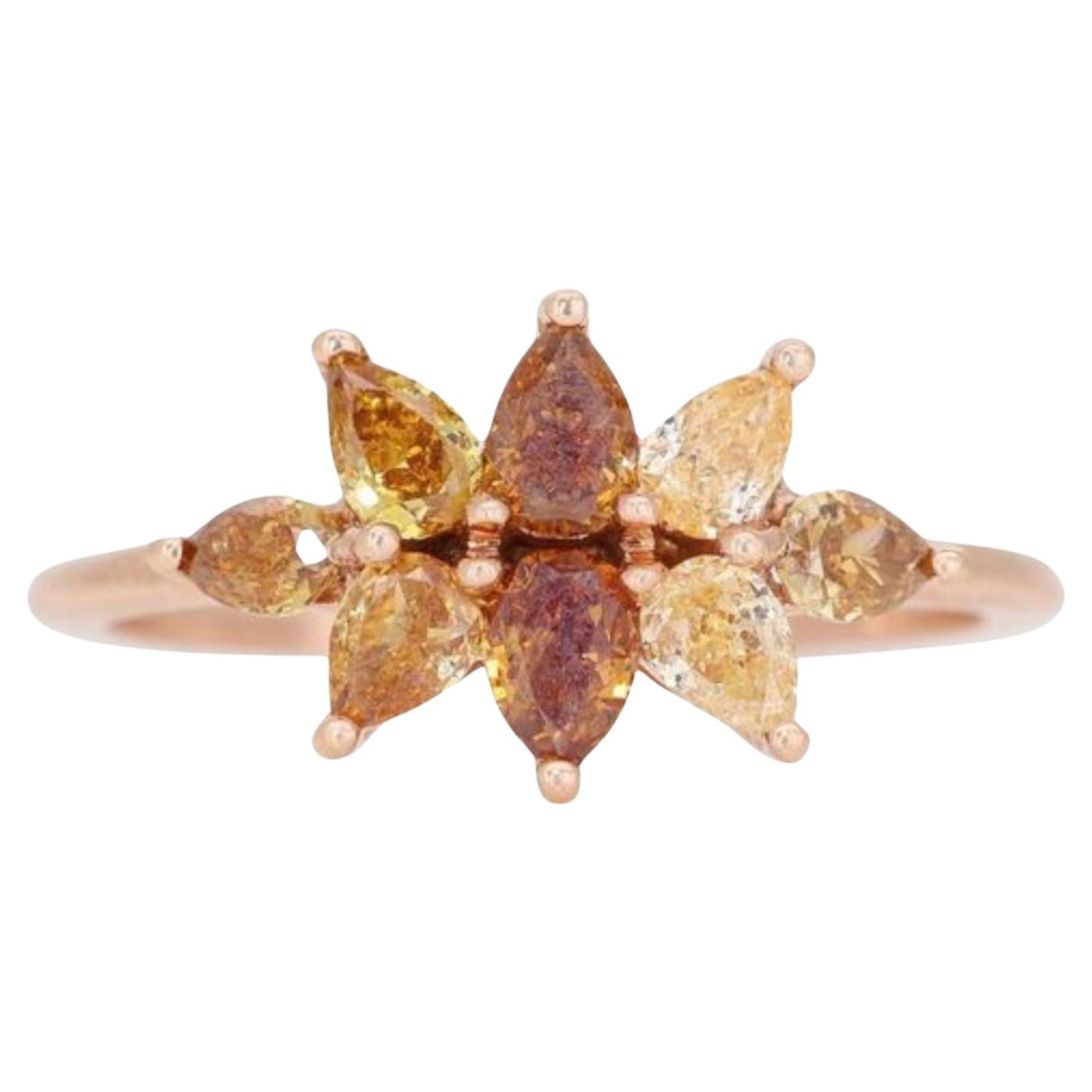 Magnifique bague en or rose 14 carats avec diamants au motif floral de 1,02 carat en vente