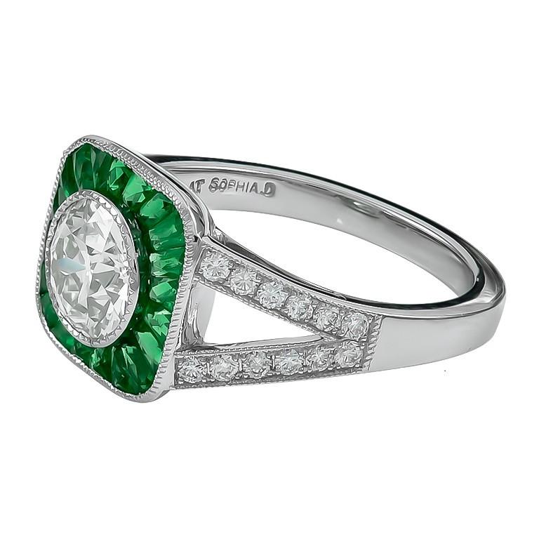 Sophia D. 1.08 Carat Center Round Diamond and Emerald Ring in Platinum Setting In New Condition For Sale In New York, NY