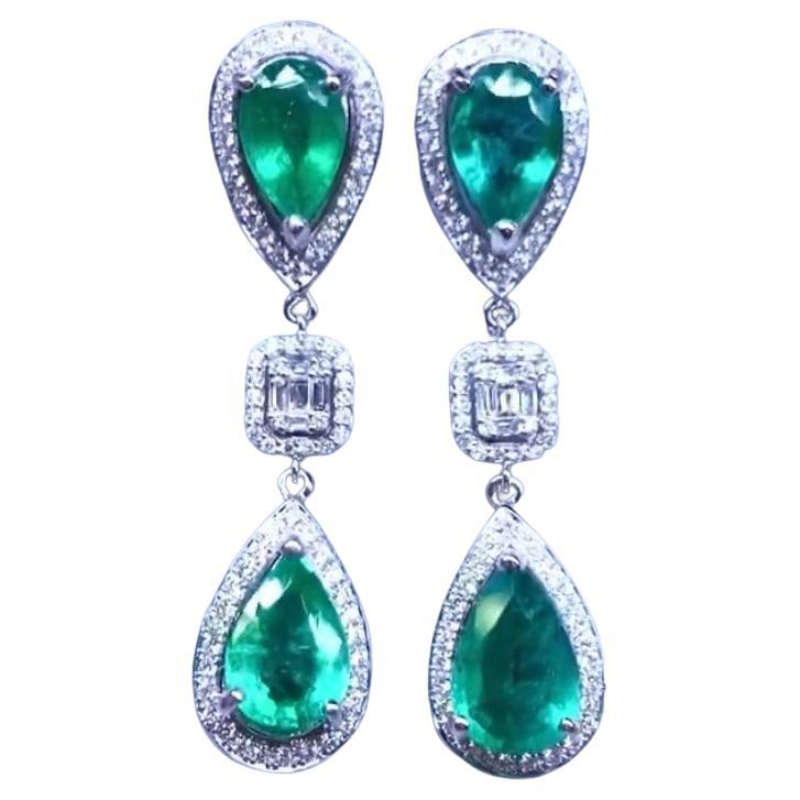 AIG Certified 9.50 Carats Zambian Emeralds  Diamonds 18K Gold Earrings  For Sale