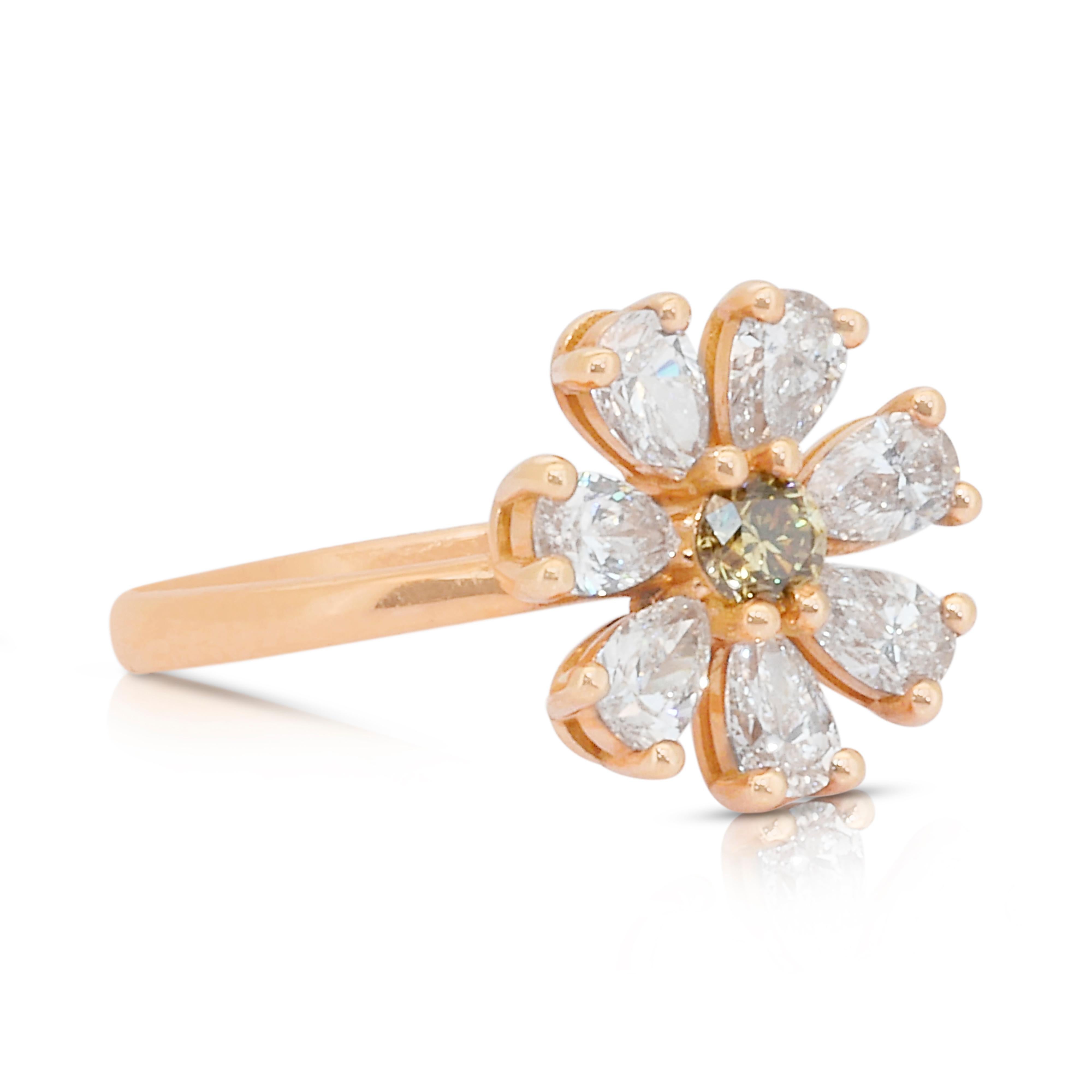 Taille ronde Magnifique bague en forme de fleur en or rose 18k avec 1,23 ct de diamants - certifié IGI en vente