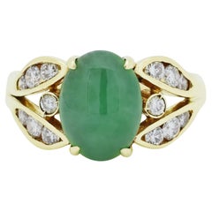 Superbe bague grappe de diamants et de jade de 1,2 carat en or jaune 14 carats