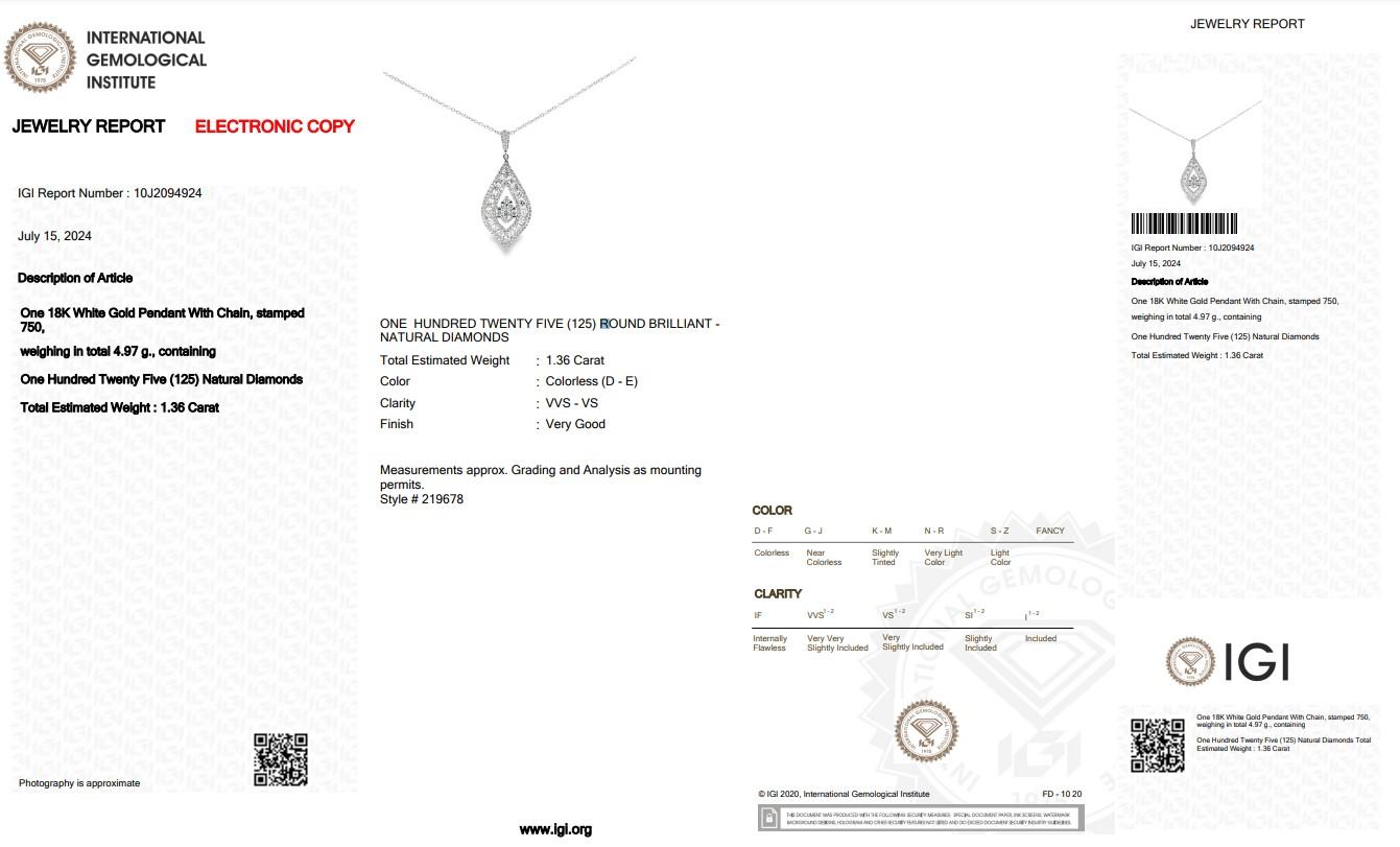 Gorgeous 1.36ct Diamonds Necklace with Pendant in 18k White Gold - IGI Certified For Sale 1