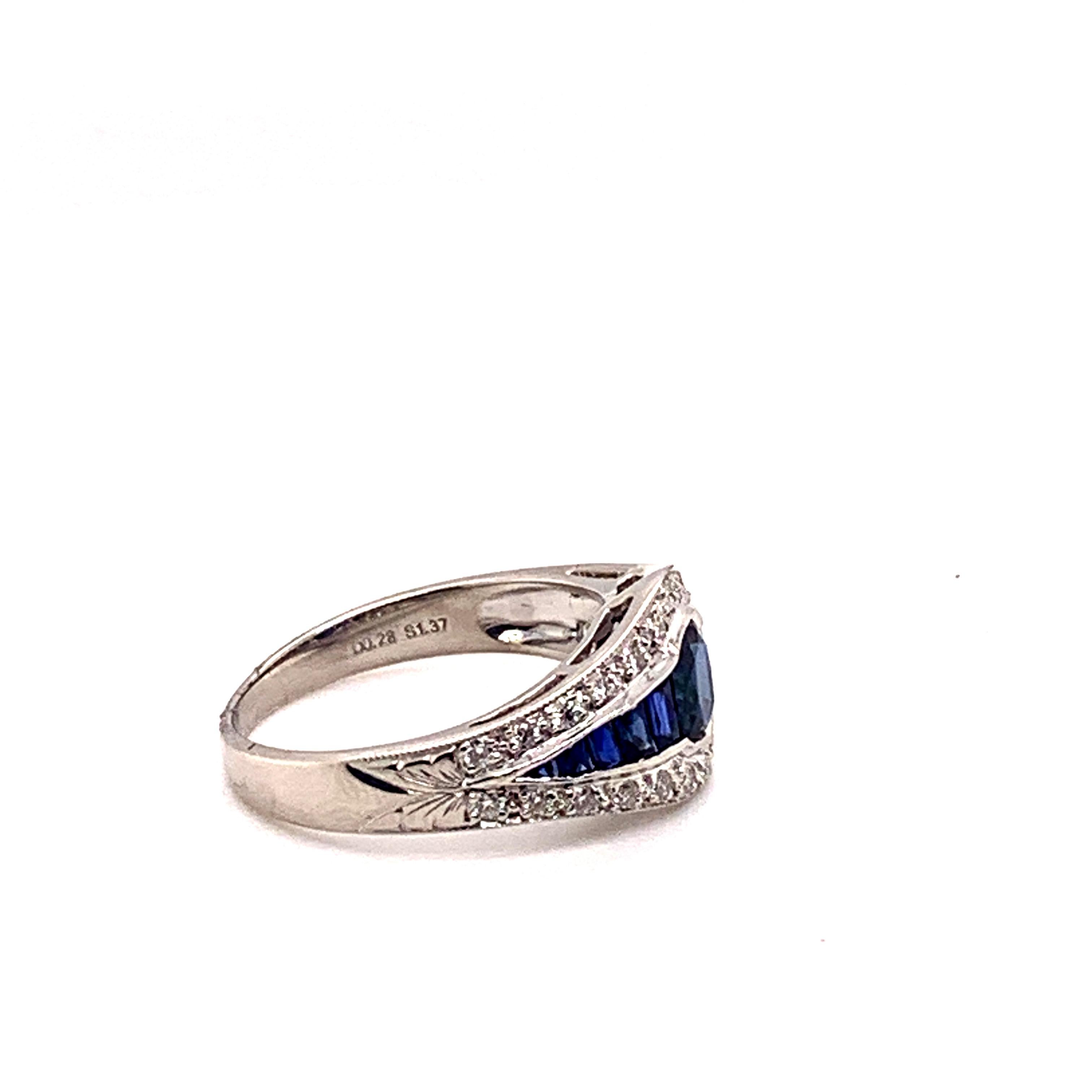 Round Cut Sophia D. 1.37 Blue Sapphire and Diamond Art Deco Platinum Ring For Sale
