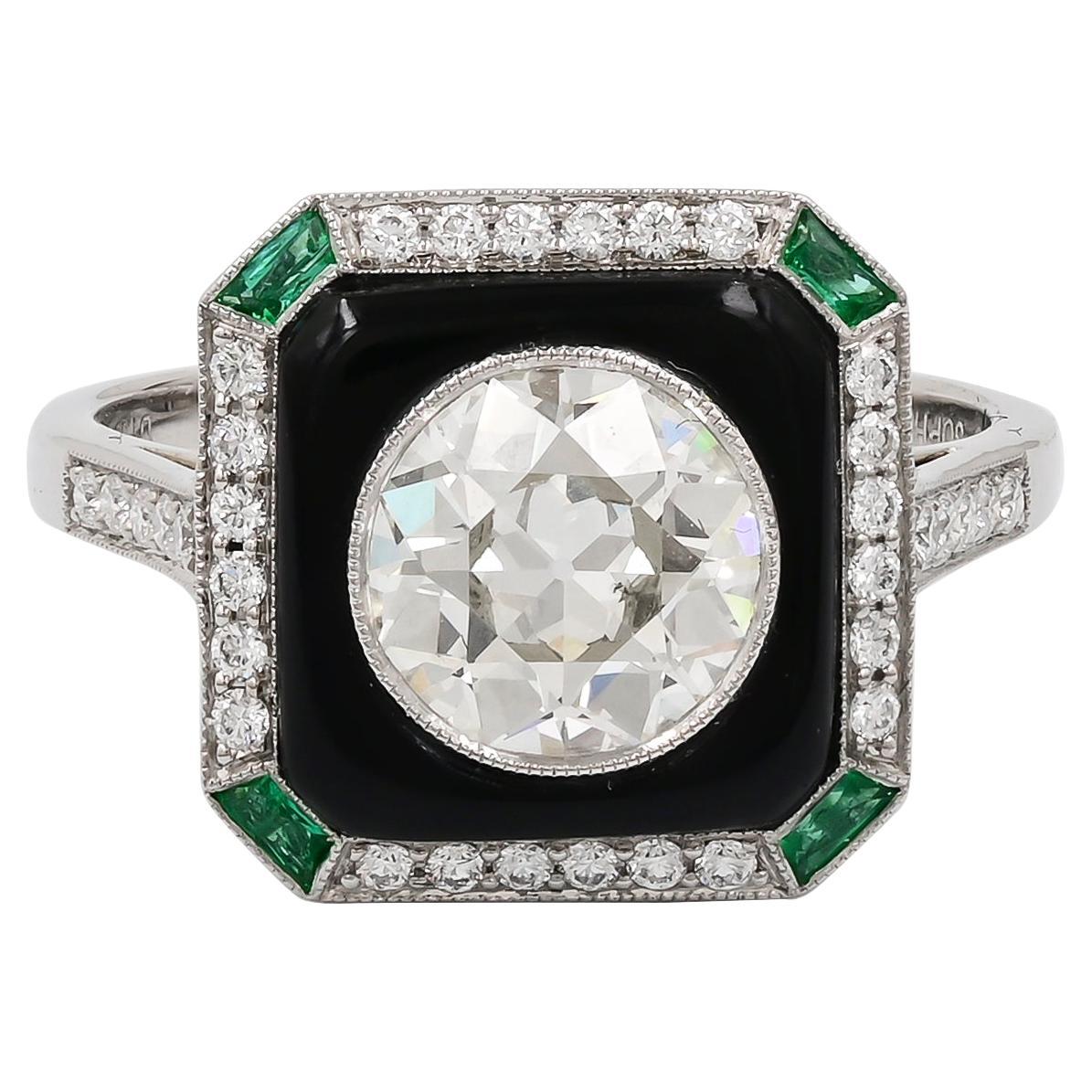 Sophia D. 1.38 Carat Round Diamond, Emerald and Onyx Art Deco Platinum Ring For Sale