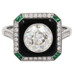 Sophia D. 1,38 Karat runder Diamant, Smaragd und Onyx Art Deco Platin Ring