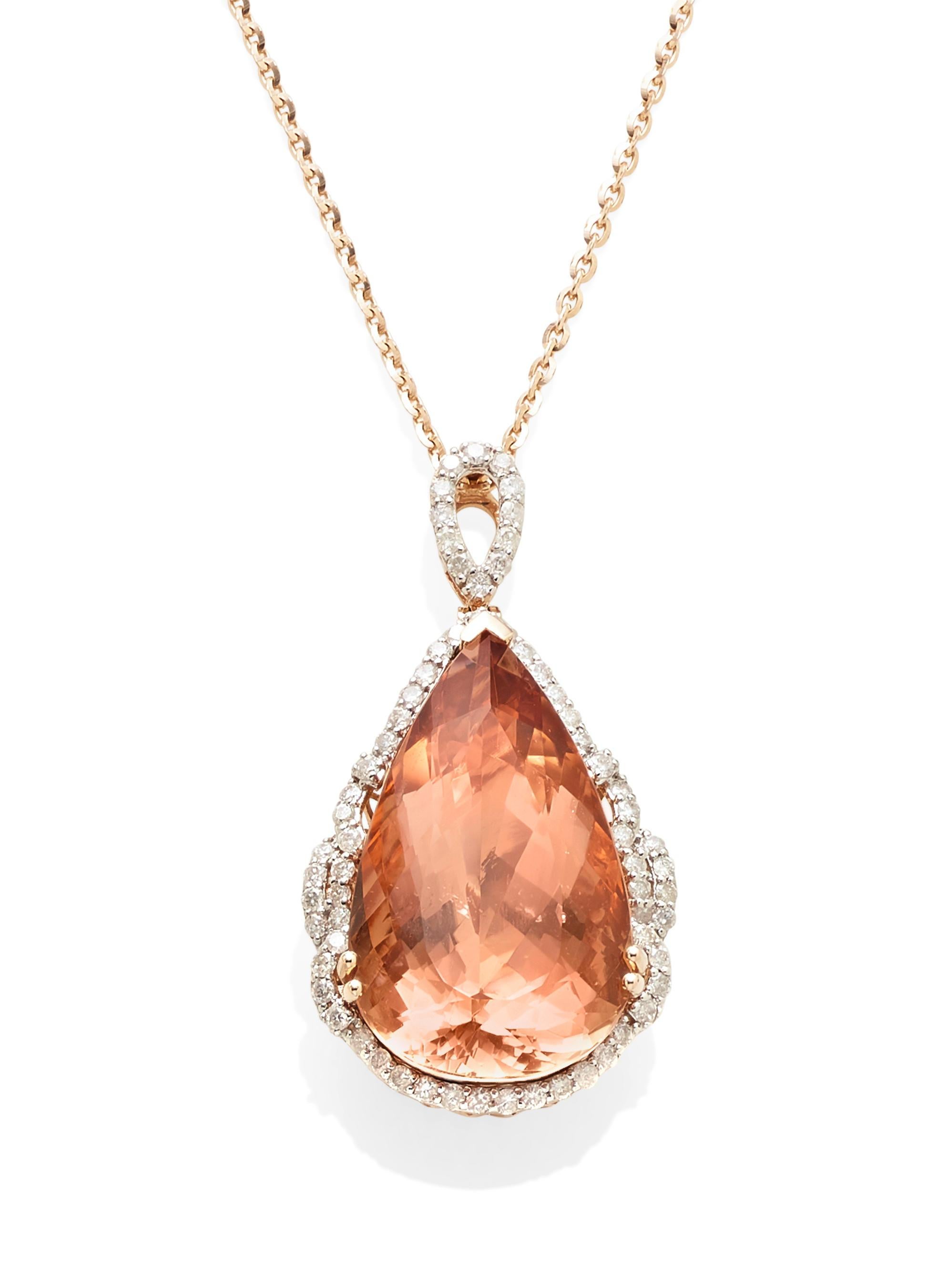 Modern Gorgeous 14k Rose Gold 35.52 Pear Morganite Pendant with 1.37 ct Diamond 20