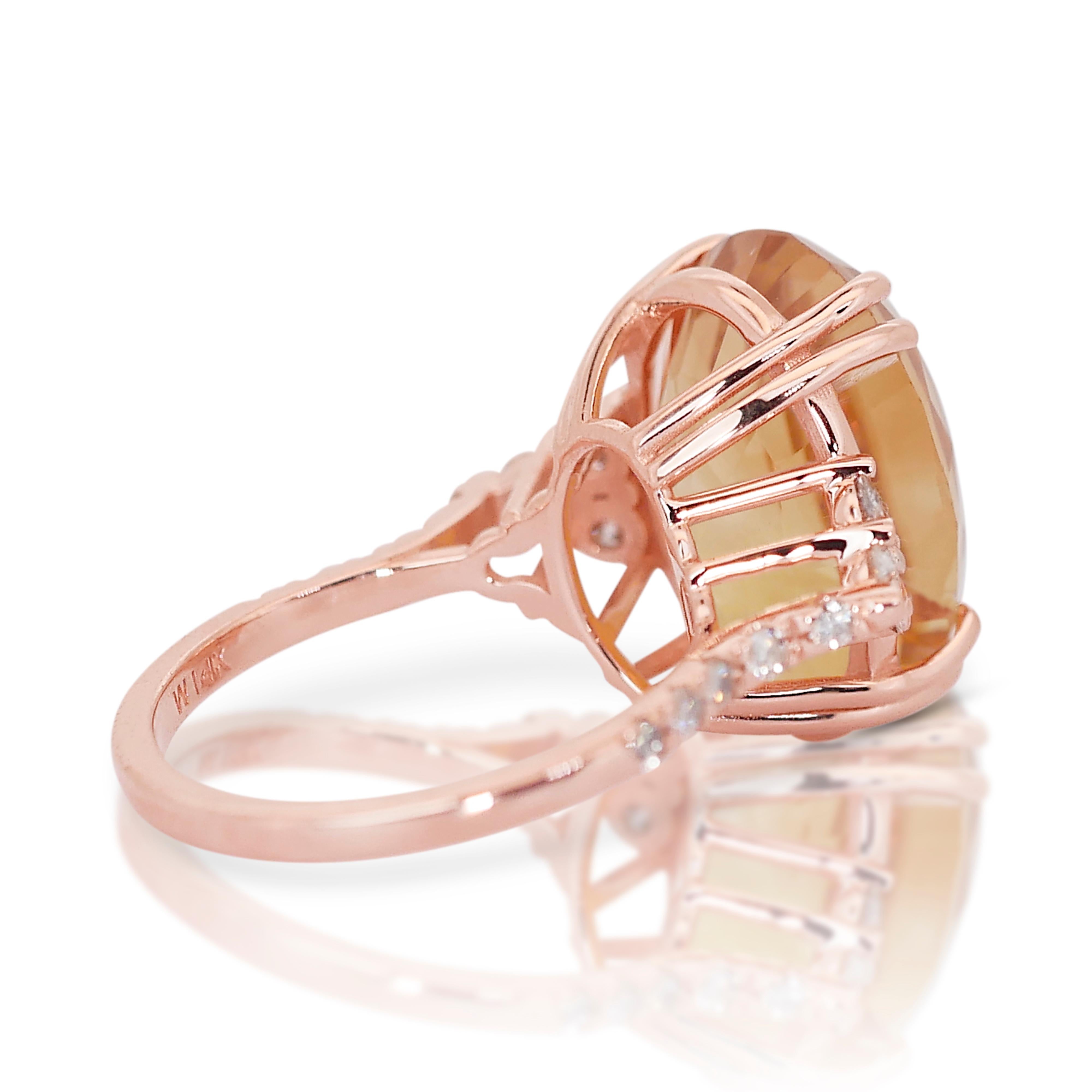 Gorgeous 14K Rose Gold Citrine and Diamond Dome Ring w/10.69 ct - IGI Certified In New Condition In רמת גן, IL