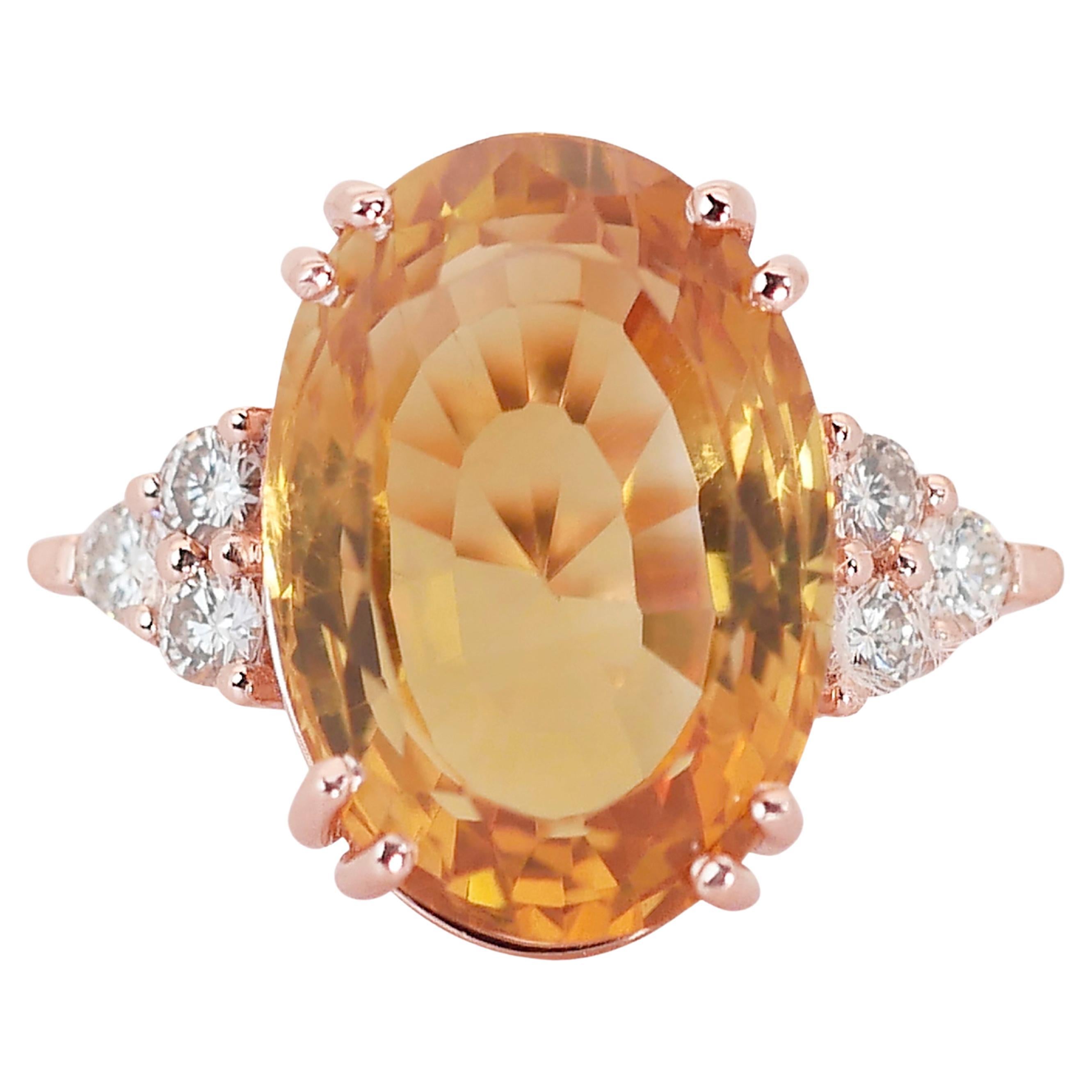 Gorgeous 14K Rose Gold Citrine and Diamond Dome Ring w/10.69 ct - IGI Certified
