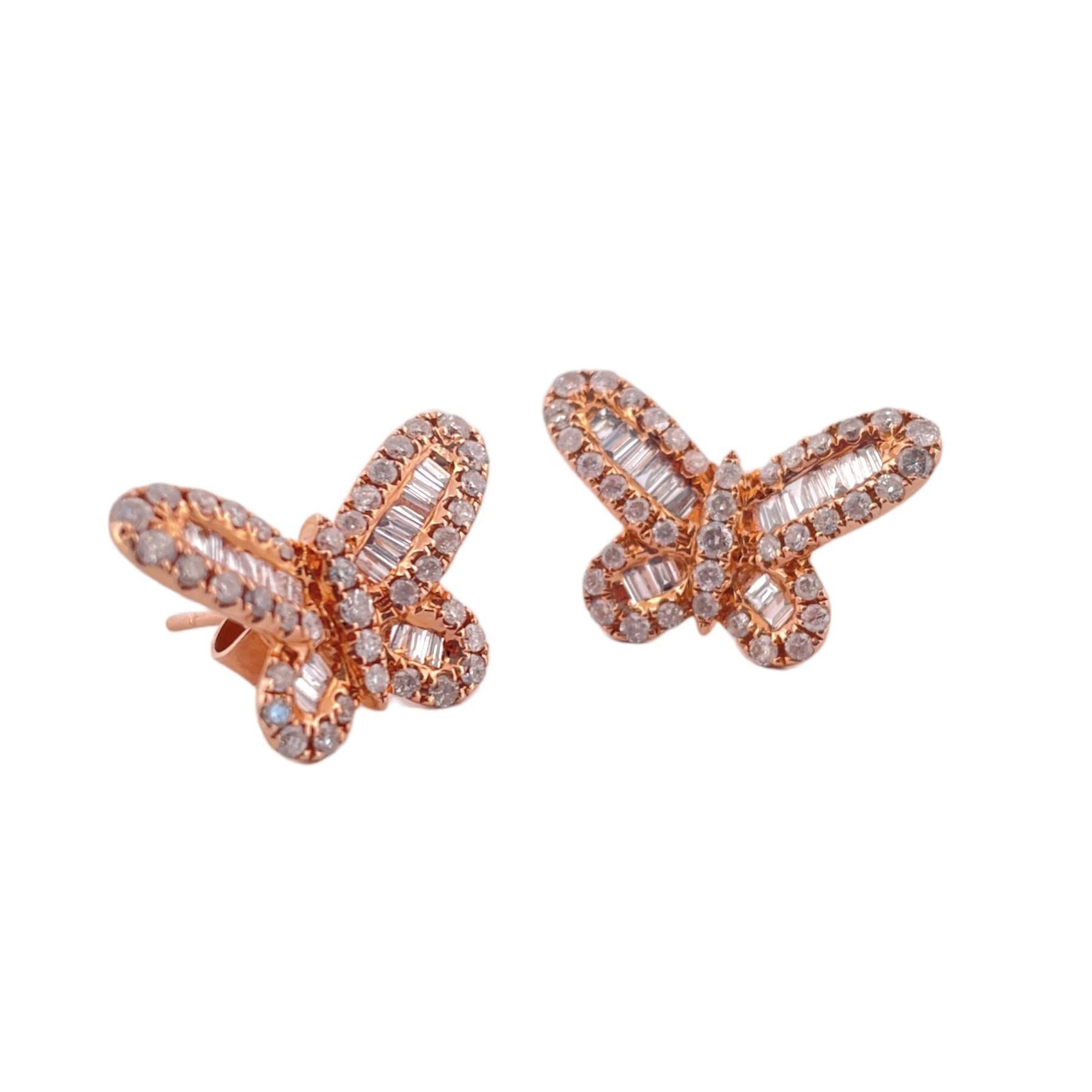 Gorgeous 14K Rose Gold Diamond Butterfly Earring 
This piece weighs 4.6grams, 1.35 ctw of round brilliant.
Ready to soar through the clear sky, a butterfly is both elegant and graceful. These earrings feature fluttering wings filled with round and
