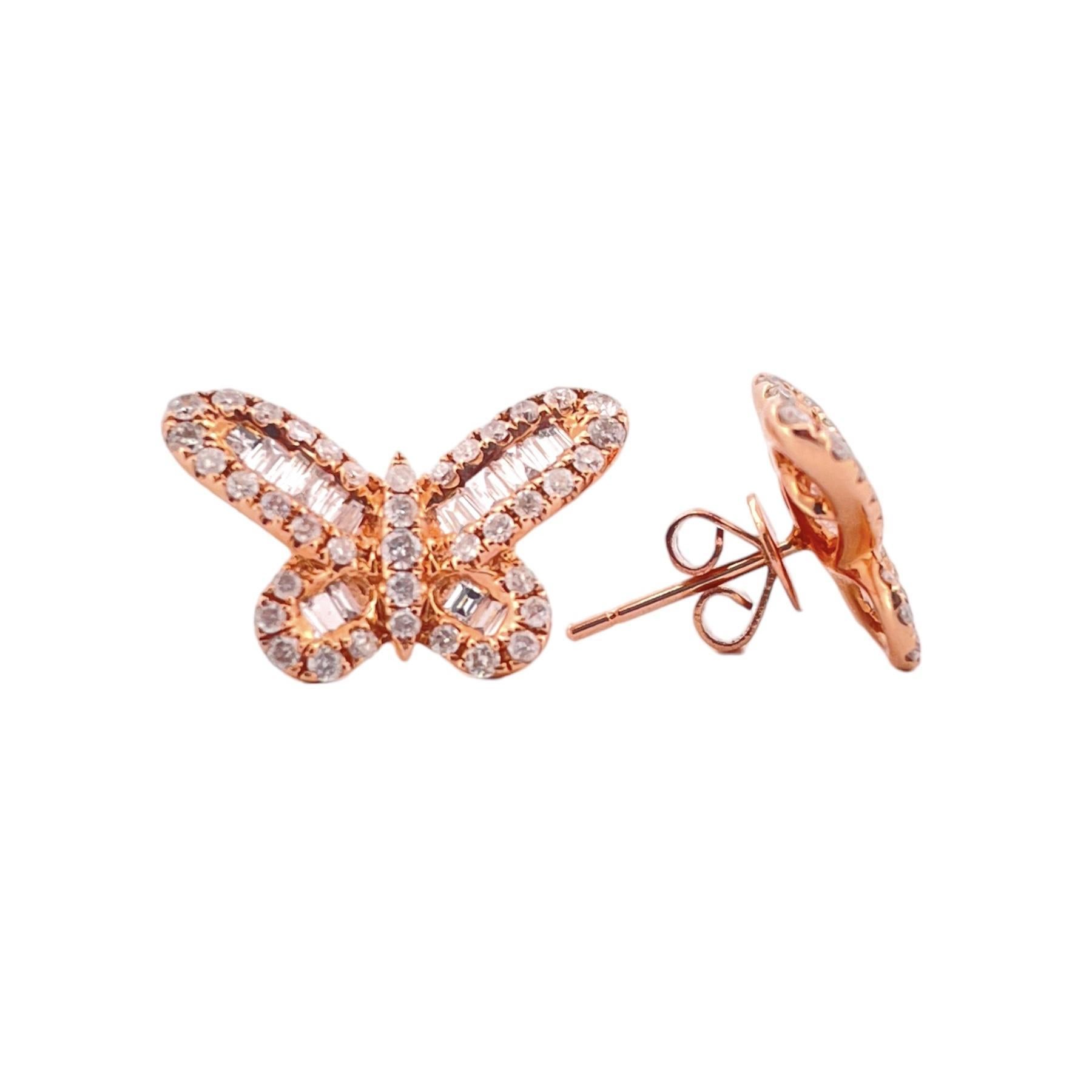 Rétro Superbes boucles d'oreilles papillon en or rose 14K avec diamants en vente