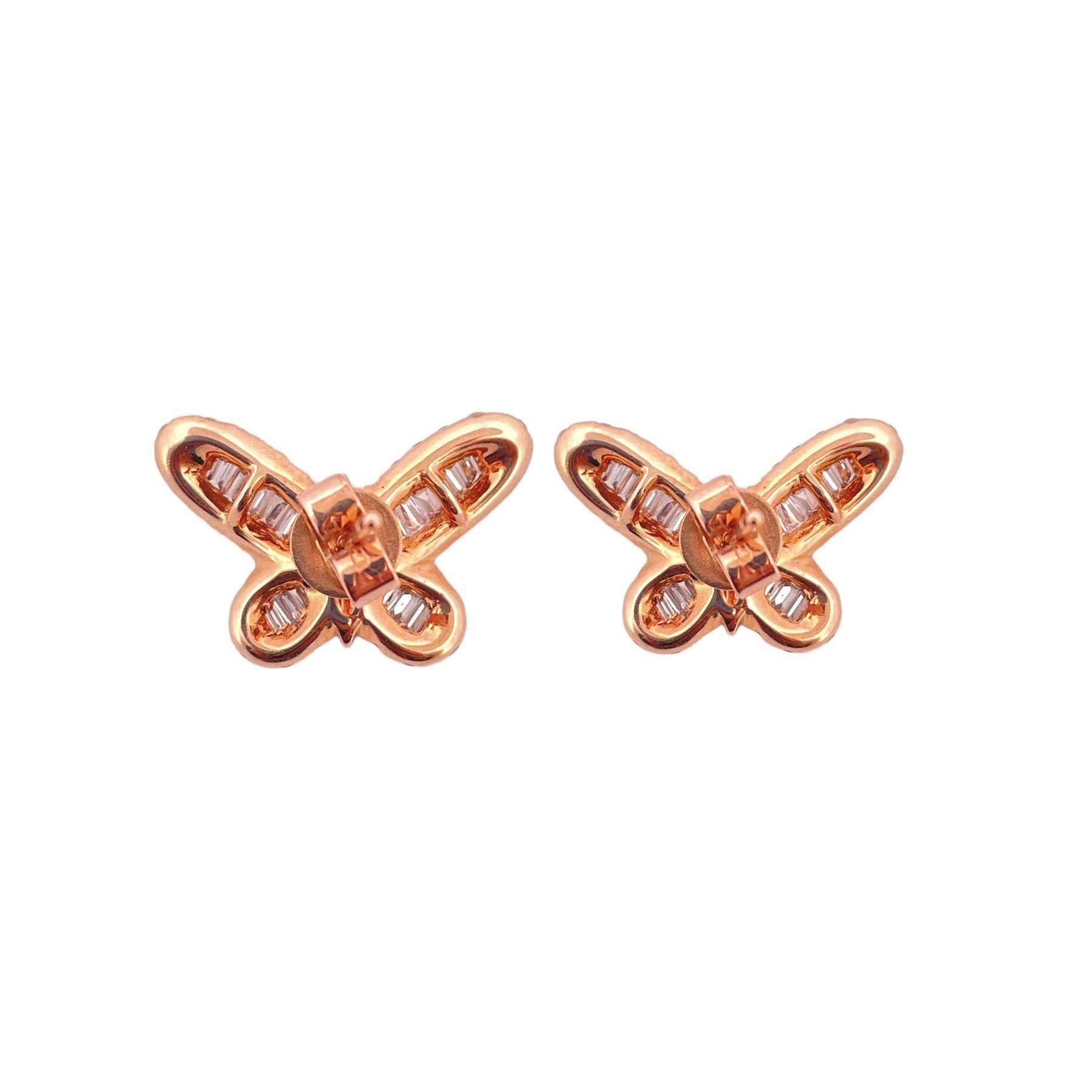 Baguette Cut Gorgeous 14K Rose Gold Diamond Butterfly Earrings For Sale