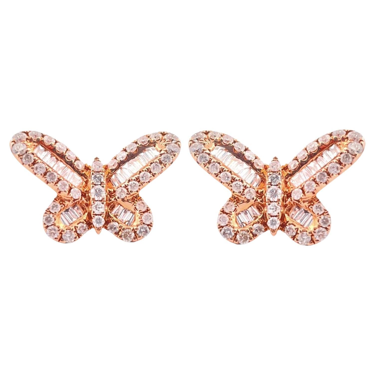 Superbes boucles d'oreilles papillon en or rose 14K avec diamants en vente