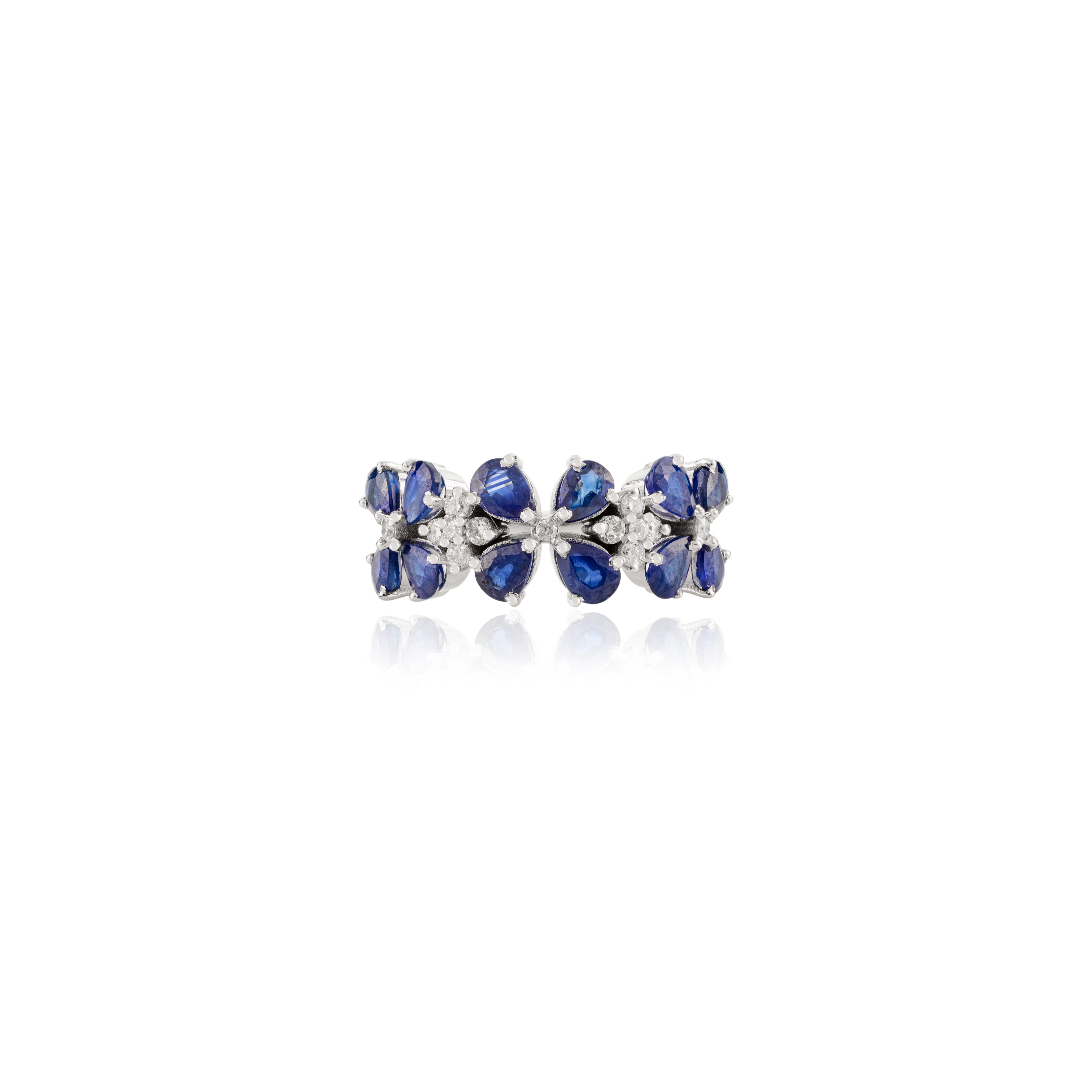 Im Angebot: Wunderschöner 14k massiver Weißgold natürlicher blauer Saphir Diamant-Hochzeitsring mit Blumenmuster () 3