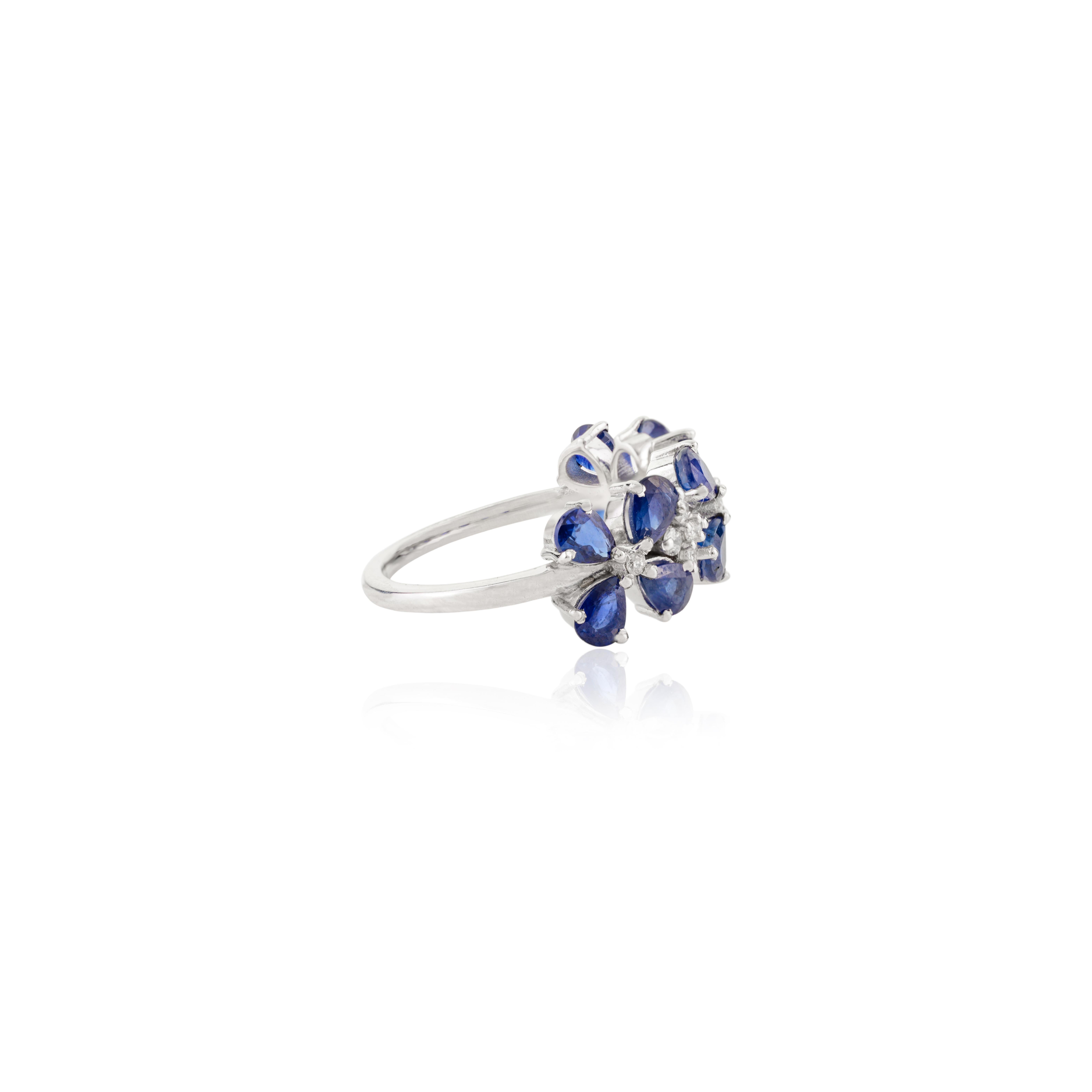 Im Angebot: Wunderschöner 14k massiver Weißgold natürlicher blauer Saphir Diamant-Hochzeitsring mit Blumenmuster () 5