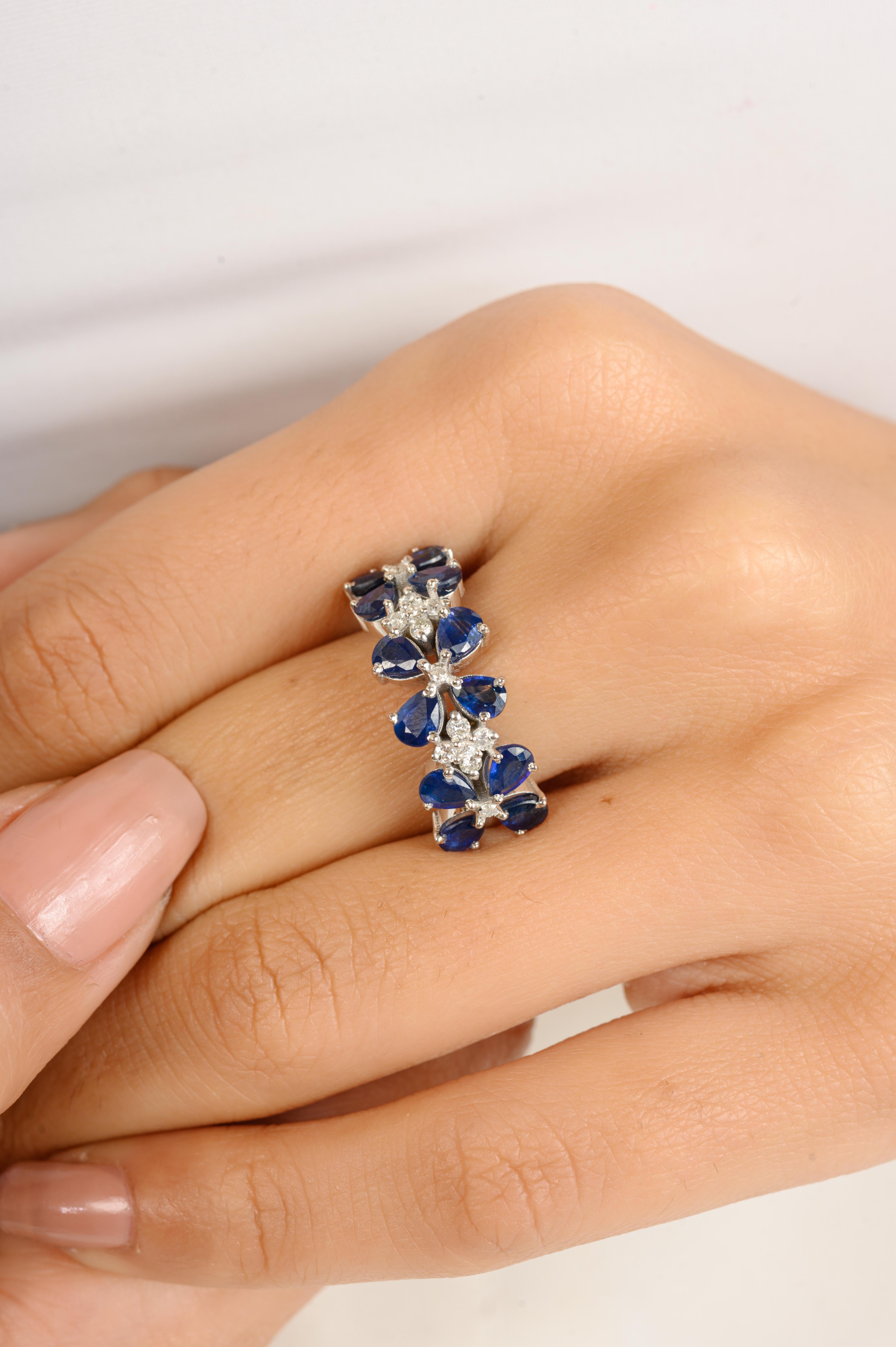 Im Angebot: Wunderschöner 14k massiver Weißgold natürlicher blauer Saphir Diamant-Hochzeitsring mit Blumenmuster () 6