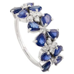 Splendido anello nuziale floreale in oro bianco massiccio 14k con diamante e zaffiro blu naturale