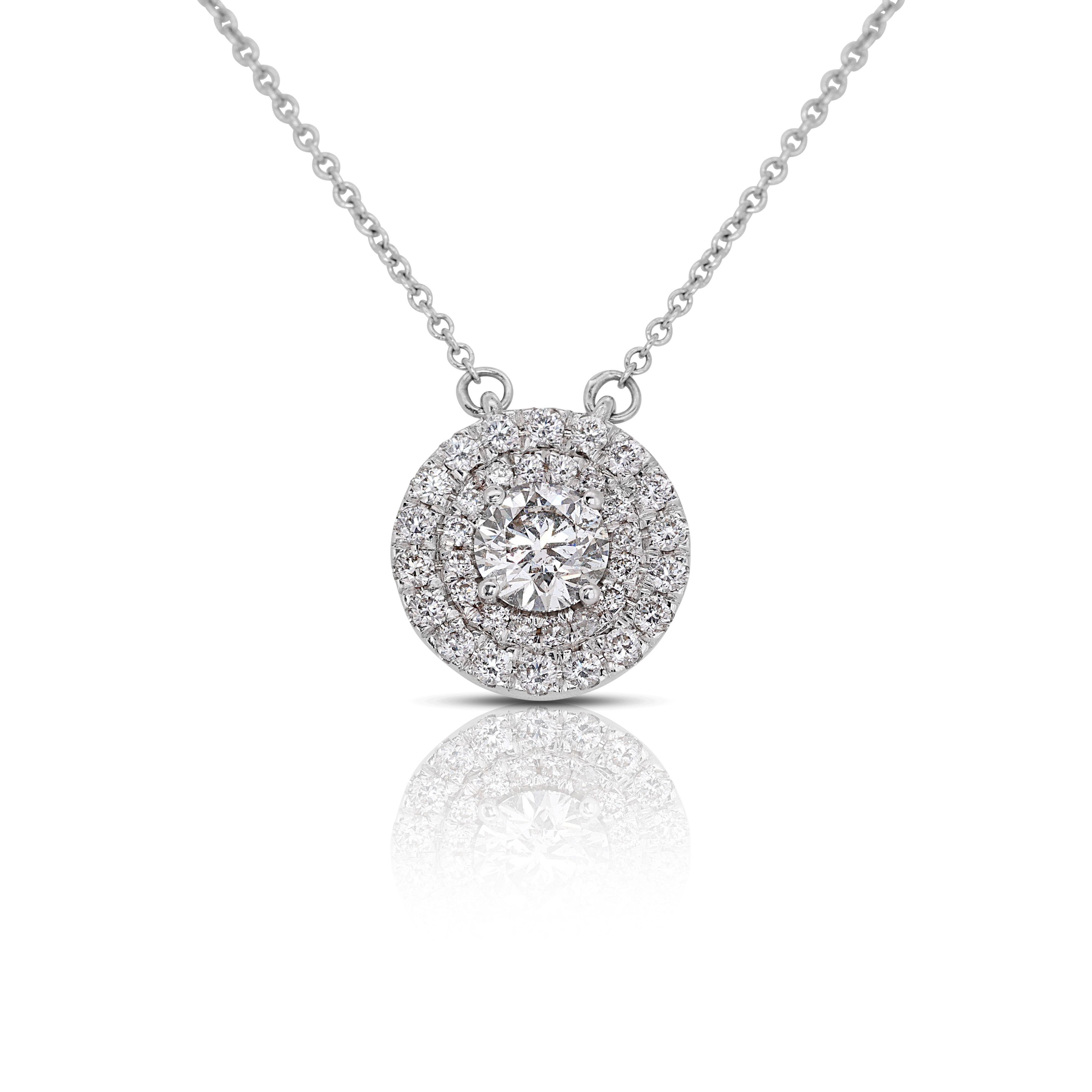 Round Cut Gorgeous 14k White Gold Double Halo Necklace with 1.17 Carat Natural Diamonds For Sale