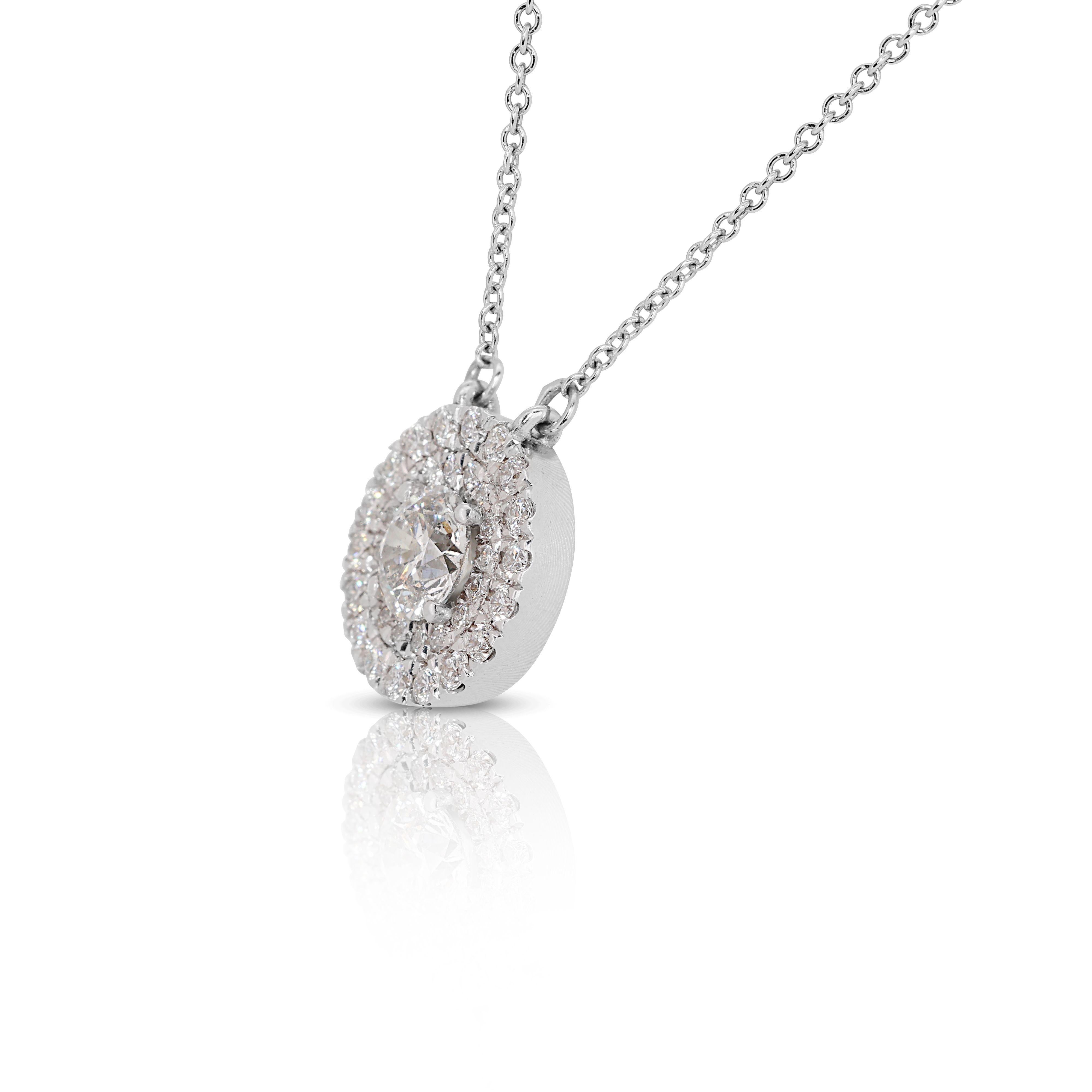 Women's Gorgeous 14k White Gold Double Halo Necklace with 1.17 Carat Natural Diamonds For Sale
