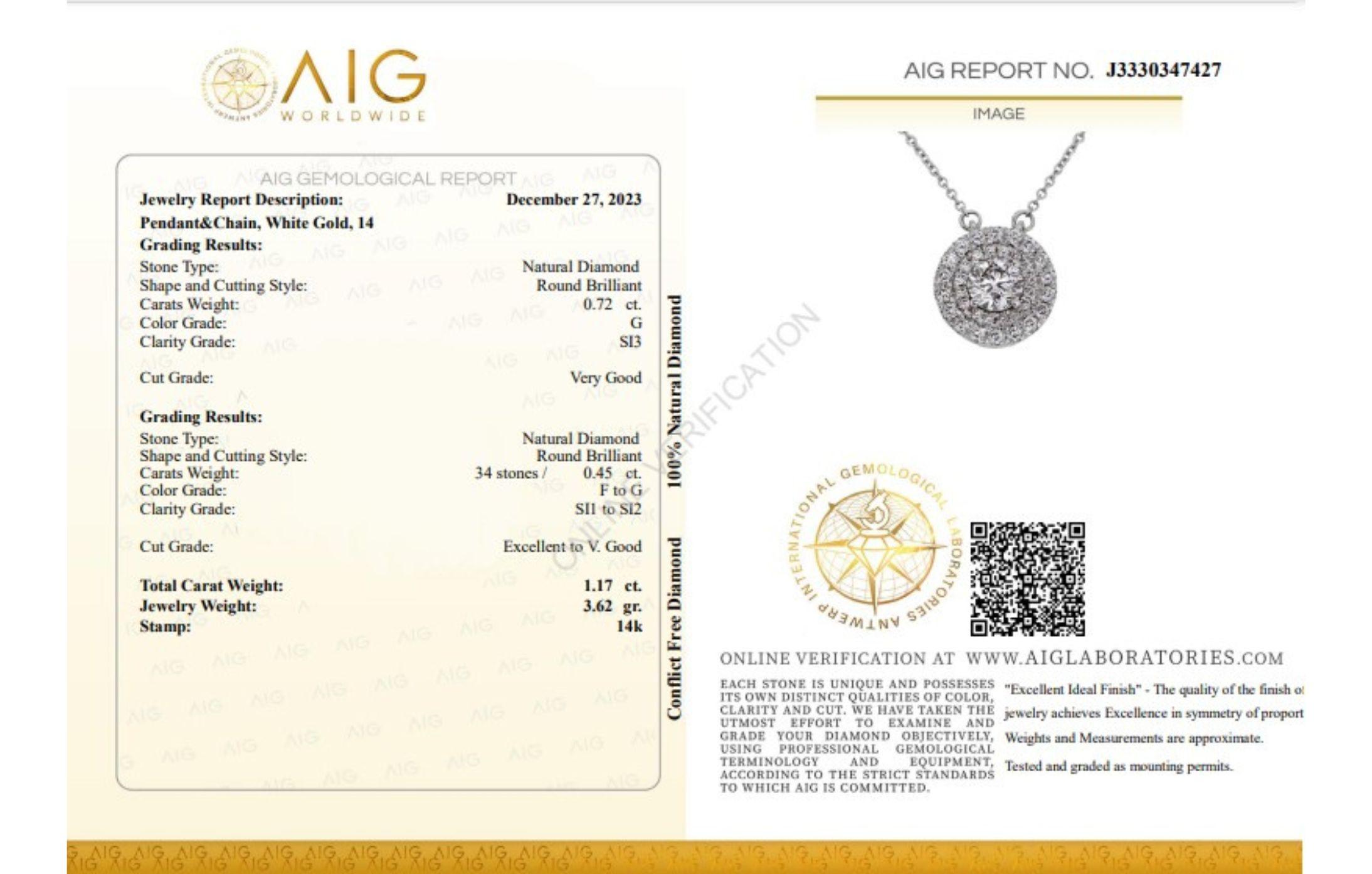 Gorgeous 14k White Gold Double Halo Necklace with 1.17 Carat Natural Diamonds For Sale 3