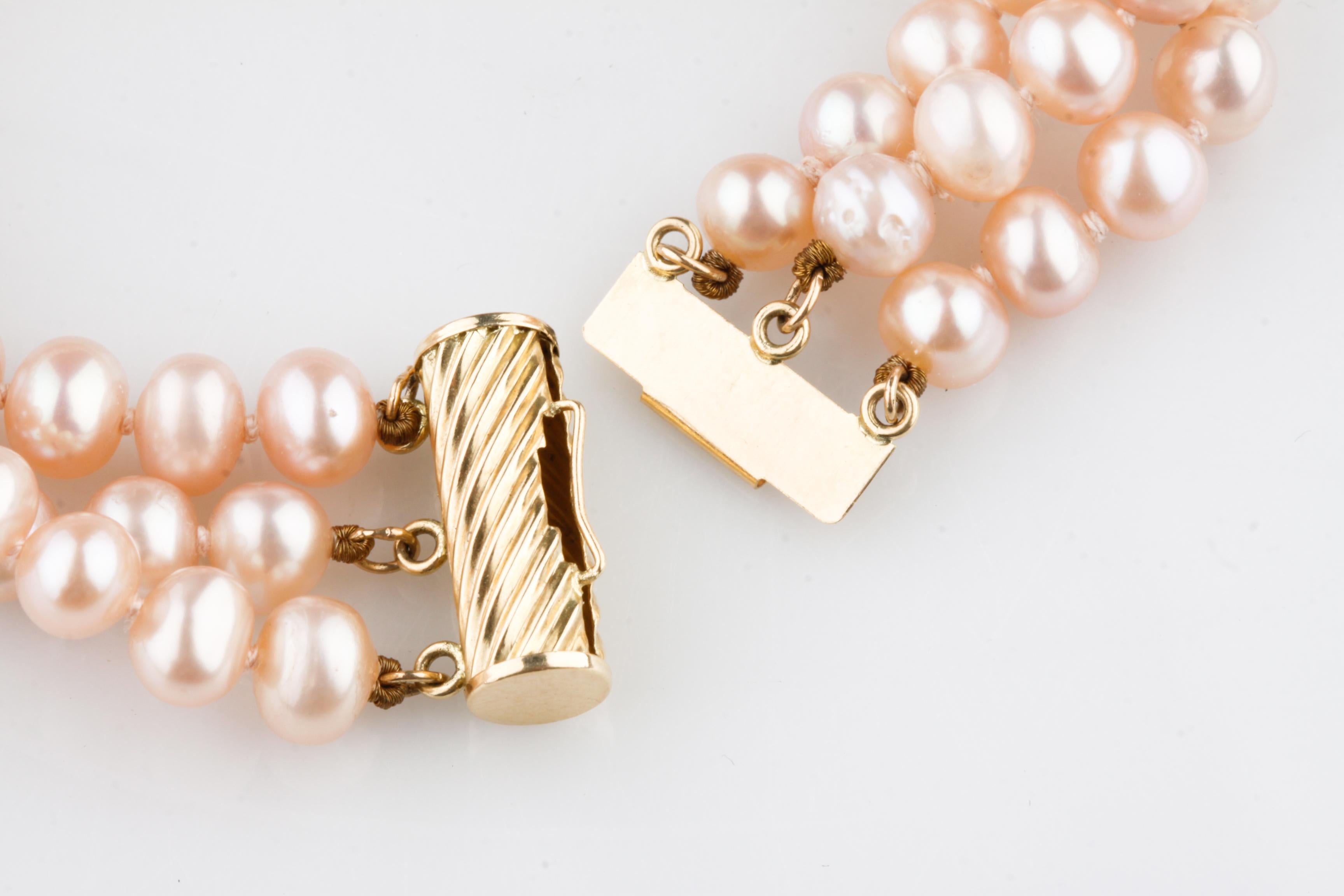 Modern Gorgeous 14k Yellow Gold 3-Row Pearl Strand Bracelet For Sale
