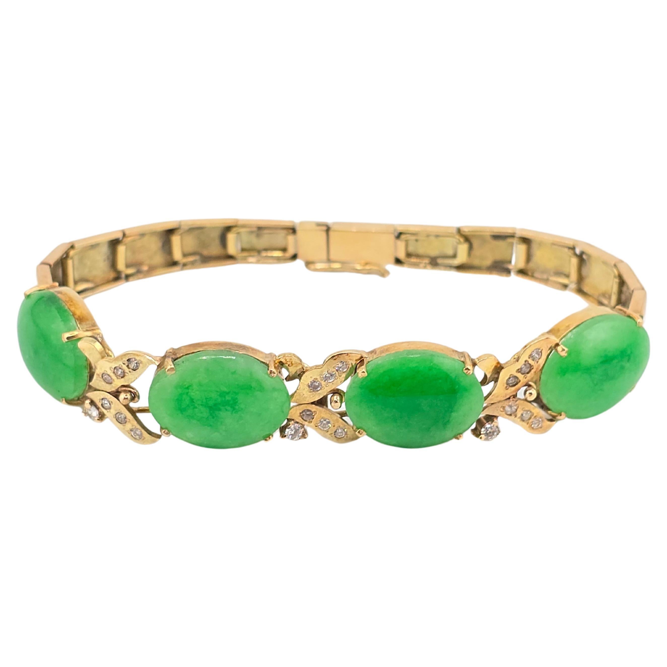 Gorgeous 14K Yellow Gold Diamond & Green Jadeite Jade Bracelet 20.86 Grams For Sale