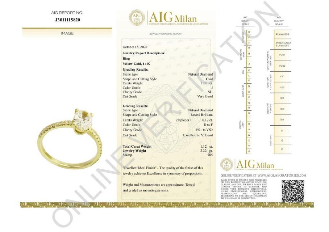 Gorgeous 14k Yellow Gold Pave Oval Ring with 1.12Ct Natural Diamonds AIG Cert For Sale 3