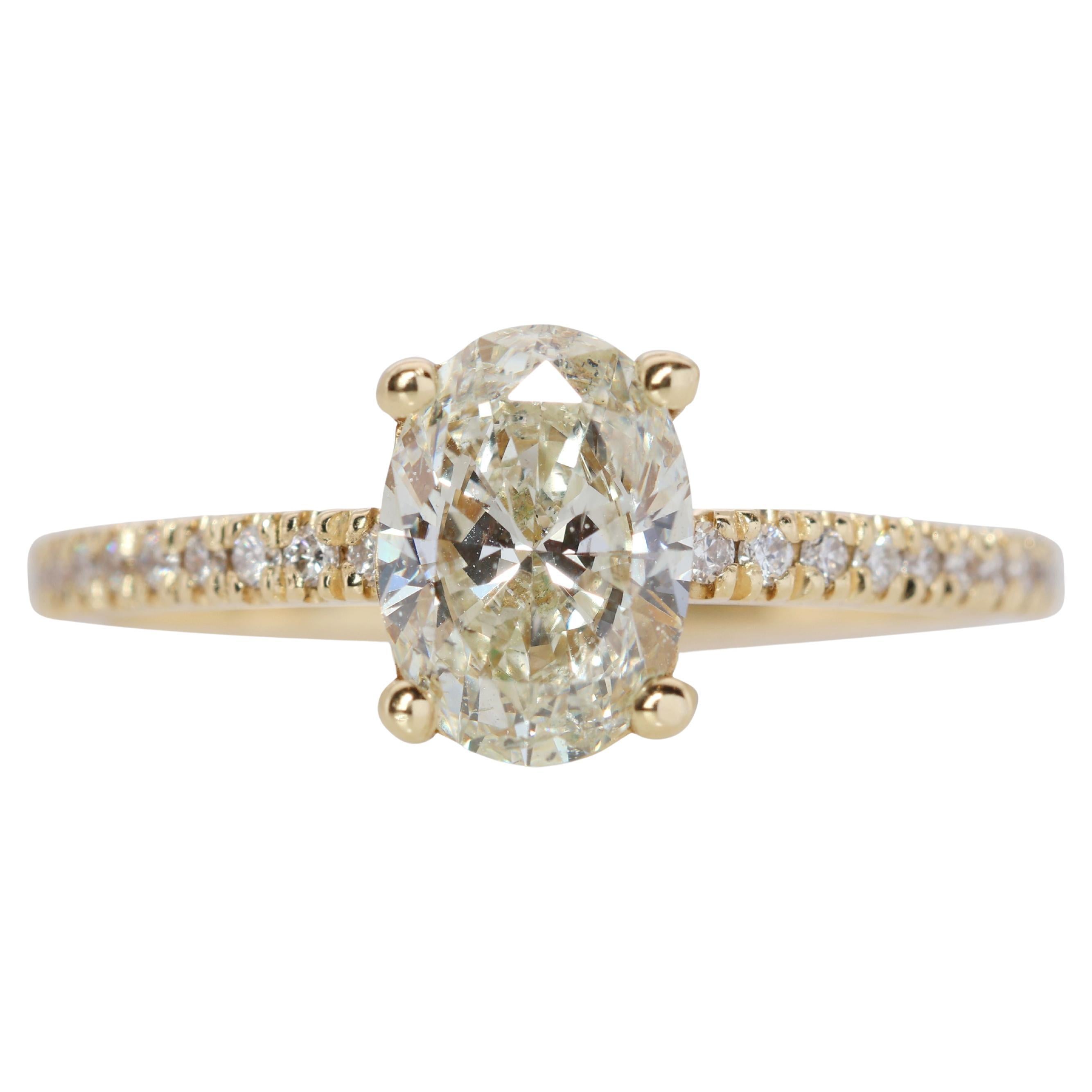 Gorgeous 14k Yellow Gold Pave Oval Ring with 1.12Ct Natural Diamonds AIG Cert For Sale