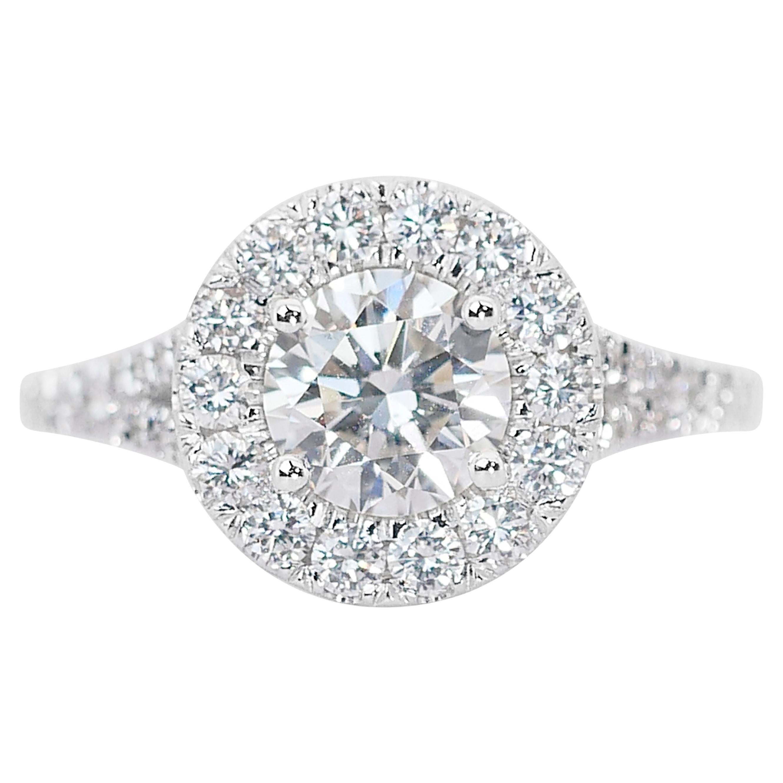 Gorgeous 1.56ct Triple Excellent Ideal Cut Diamonds Halo Ring in 18k White Gold