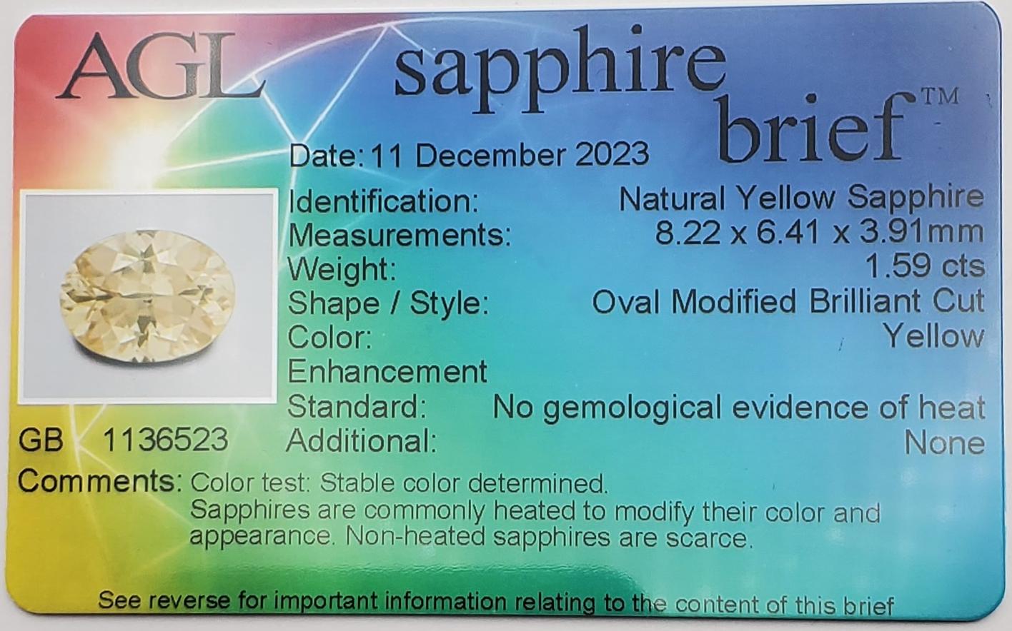 Wunderschöner 1,59 Karat ovaler natürlicher gelber Saphir AGL-zertifiziert  im Angebot 13