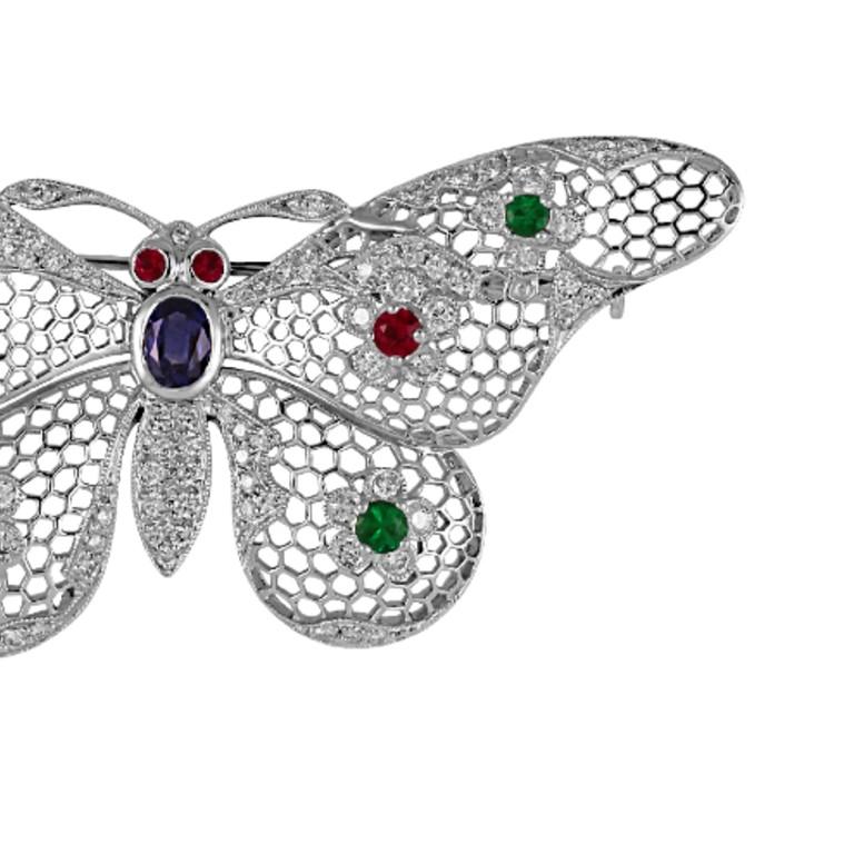Round Cut Sophia D, 1.61 Carat Ruby, Emerald, Sapphire and Diamond Butterfly Brooch For Sale
