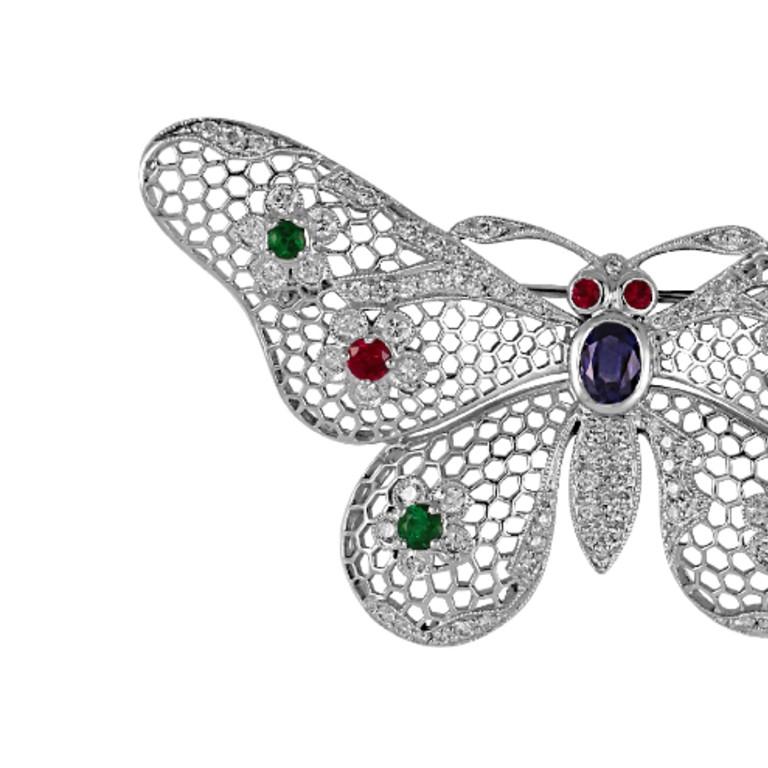 Sophia D, 1.61 Carat Ruby, Emerald, Sapphire and Diamond Butterfly Brooch In New Condition For Sale In New York, NY