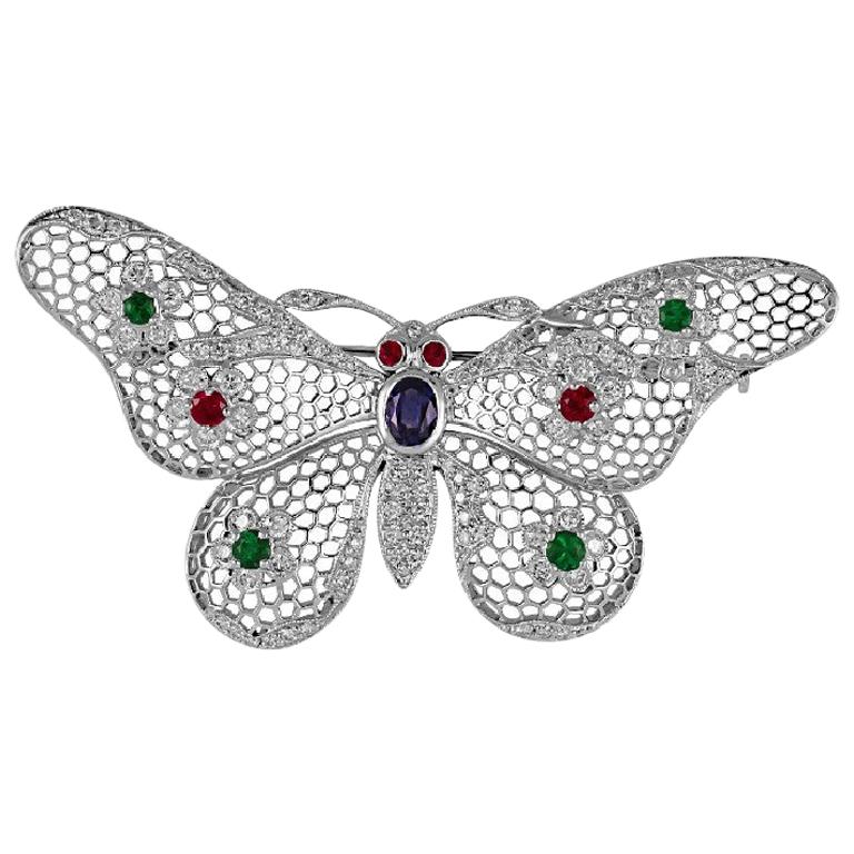 Sophia D, 1.61 Carat Ruby, Emerald, Sapphire and Diamond Butterfly Brooch For Sale