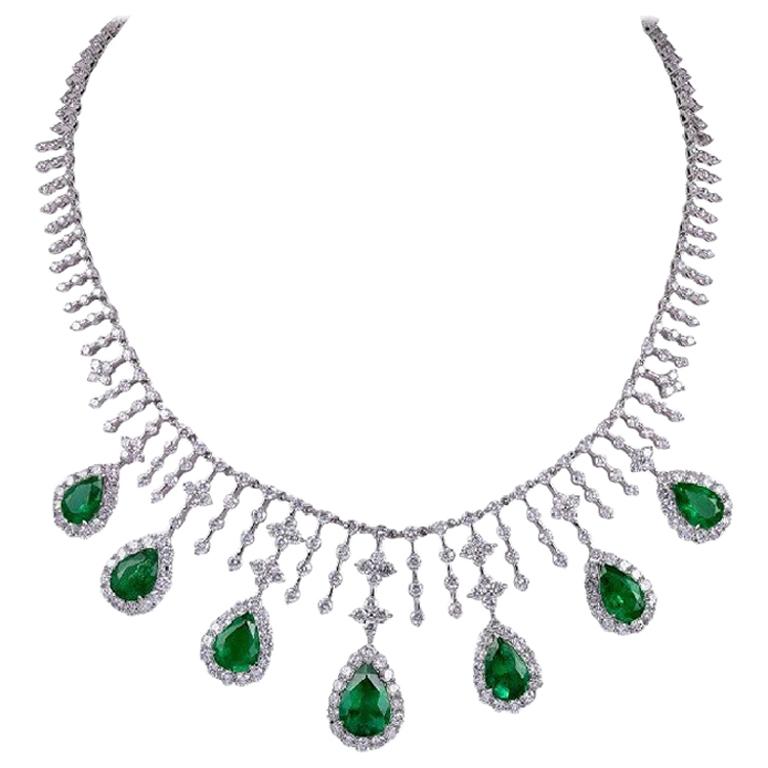 Sophia D, 15.67 Carat Pear Shape Emerald and 16.60 Carat Diamond Necklace