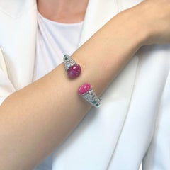 Gorgeous 16.80ct Emeralds, Rubies, and Diamonds Bangle in 14k White Gold