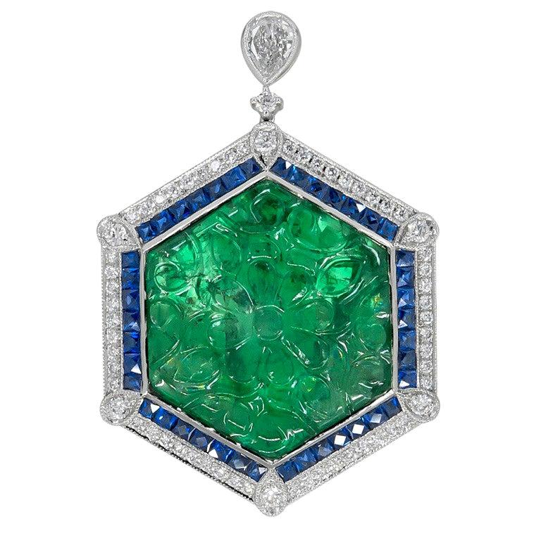 Gorgeous 16.92 Carat Platinum Emerald Hexagon Cut Sapphire and Diamond Pendant