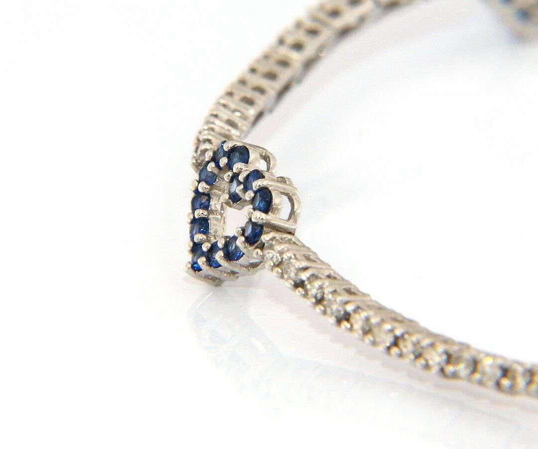 Round Cut Gorgeous 1.75 CTW Blue Sapphire & Diamond Heart Station Bracelet, 18K White Gold For Sale