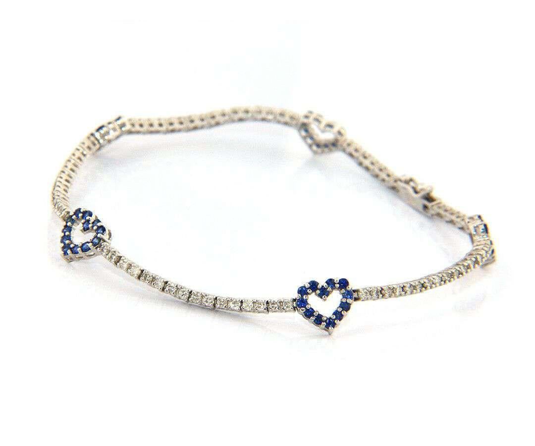 Gorgeous 1.75 CTW Blue Sapphire & Diamond Heart Station Bracelet, 18K White Gold In Excellent Condition For Sale In Vienna, VA