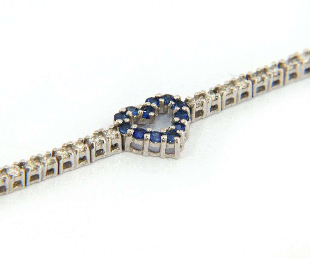 Gorgeous 1.75 CTW Blue Sapphire & Diamond Heart Station Bracelet, 18K White Gold For Sale 1