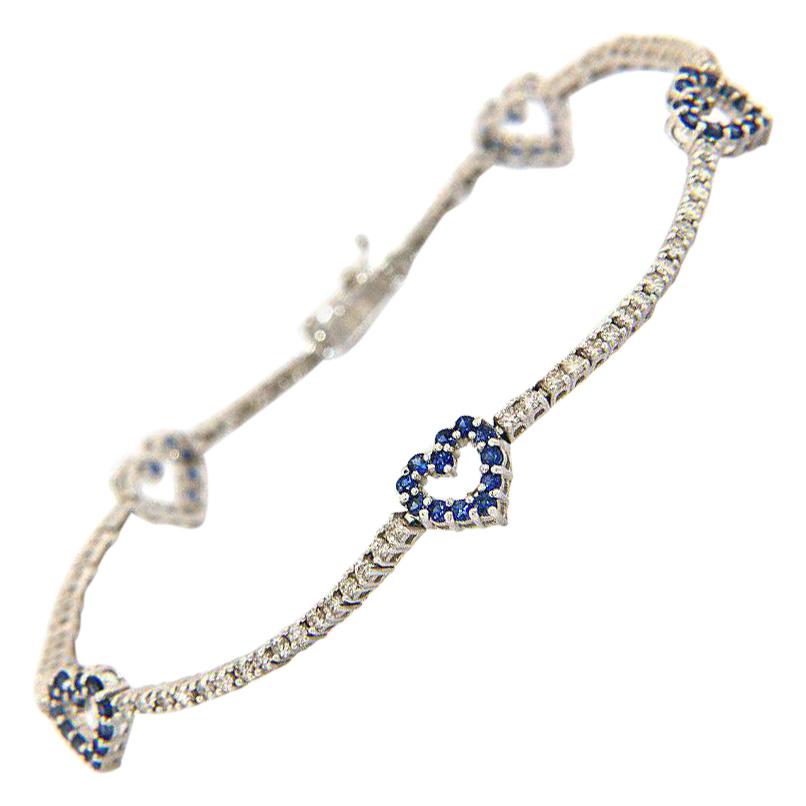 Gorgeous 1.75 CTW Blue Sapphire & Diamond Heart Station Bracelet, 18K White Gold For Sale