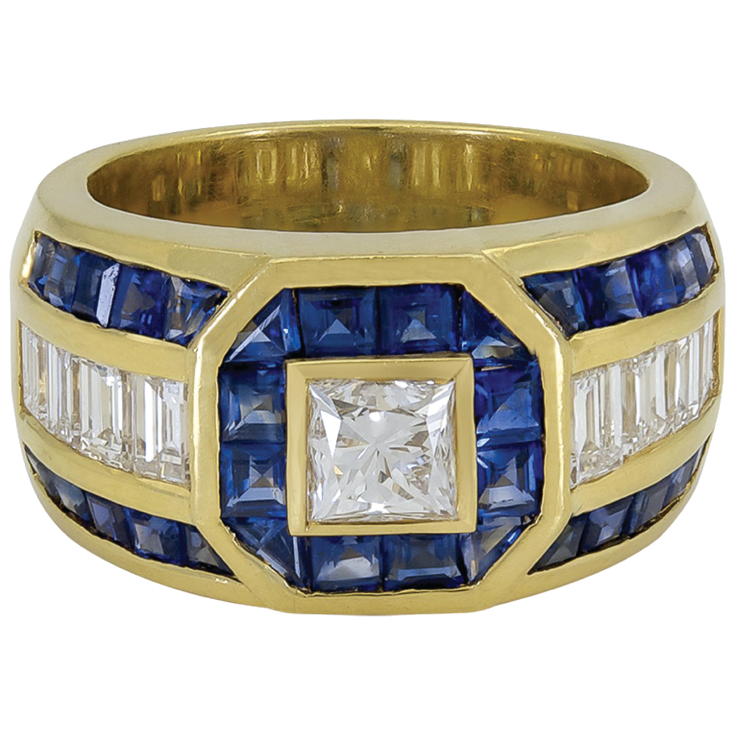 Sophia D. 0.64 Carat Diamond Center with Blue Sapphires Dome Ring in Yellow Gold For Sale
