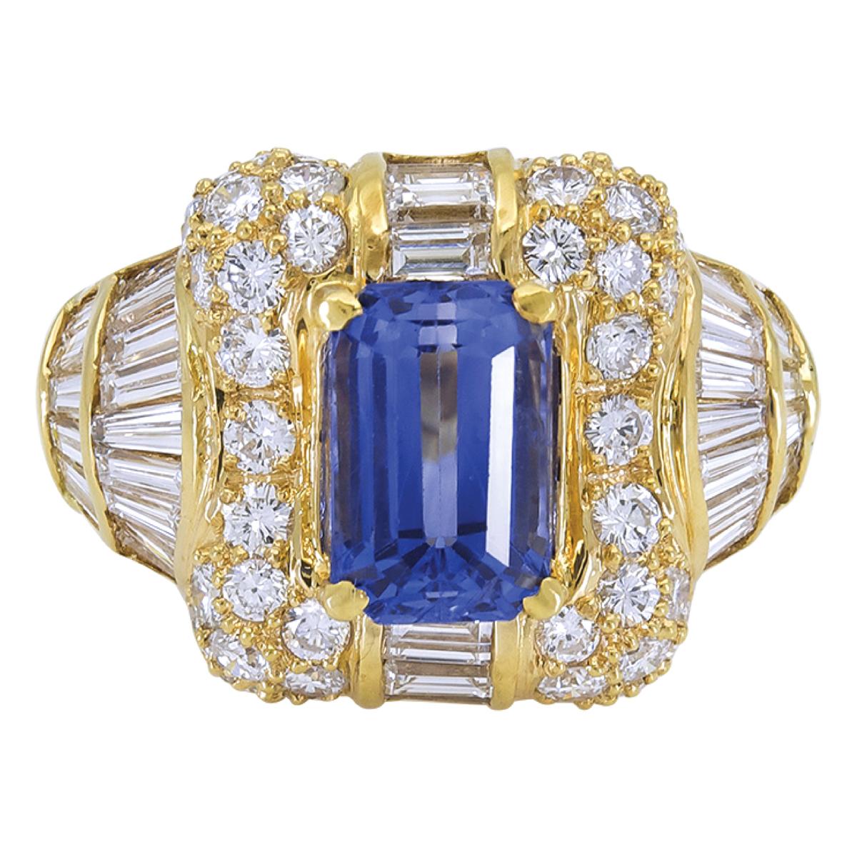 Sophia D. Emerald Cut Center Blue Sapphire and Diamonds Dome Ring For Sale
