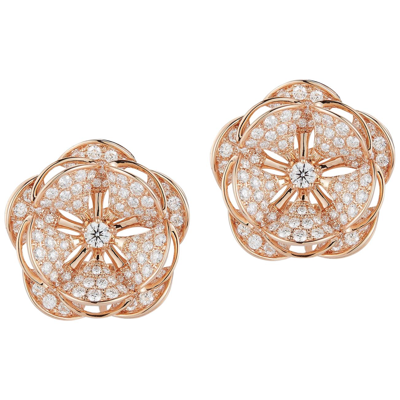 Gorgeous 18 Karat Pink Gold Flower-Shaped Statement Earrings with 242 Diamonds