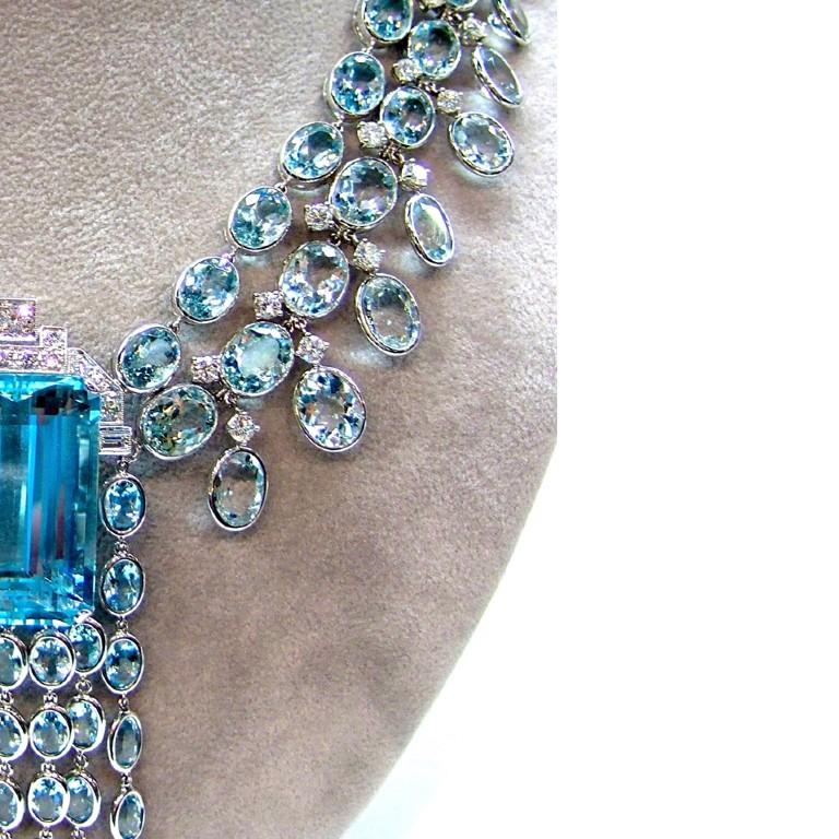 Emerald Cut Sophia D. 104.34 Carat Aquamarine and Diamond Necklace in White Gold Setting