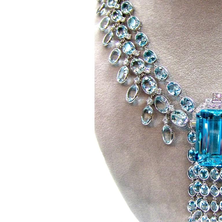 Sophia D. 104.34 Carat Aquamarine and Diamond Necklace in White Gold Setting In New Condition In New York, NY