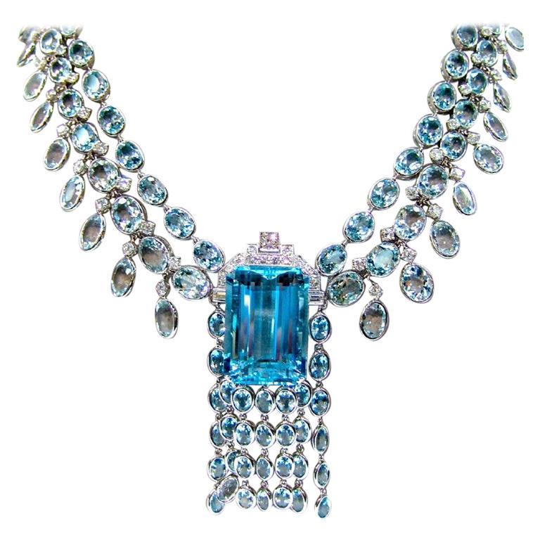 Sophia D. 104.34 Carat Aquamarine and Diamond Necklace in White Gold Setting