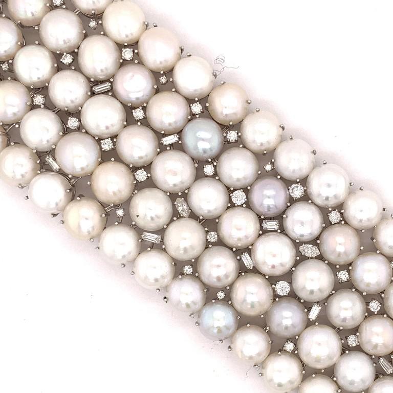 Round Cut Sophia D. 407.69 Carat of Pearl and Diamond Bracelet in White Gold Setting For Sale