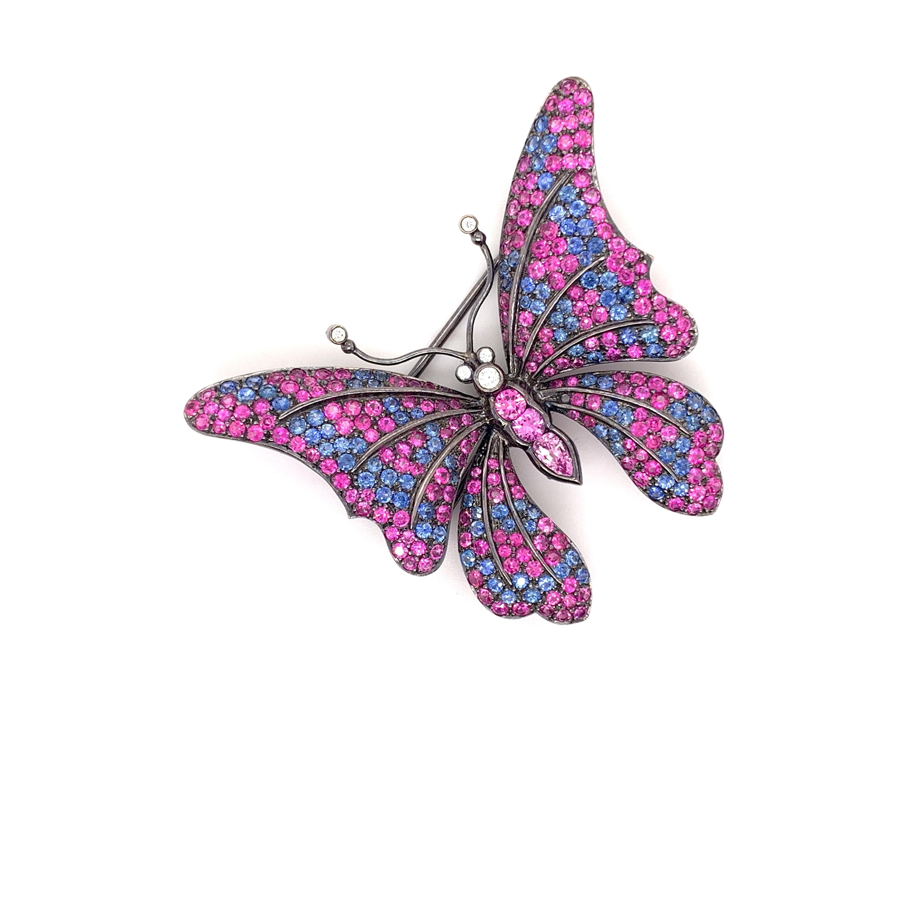 Sophia D, 8.80 Carat Pink and Blue Sapphire Butterfly Brooch In New Condition For Sale In New York, NY