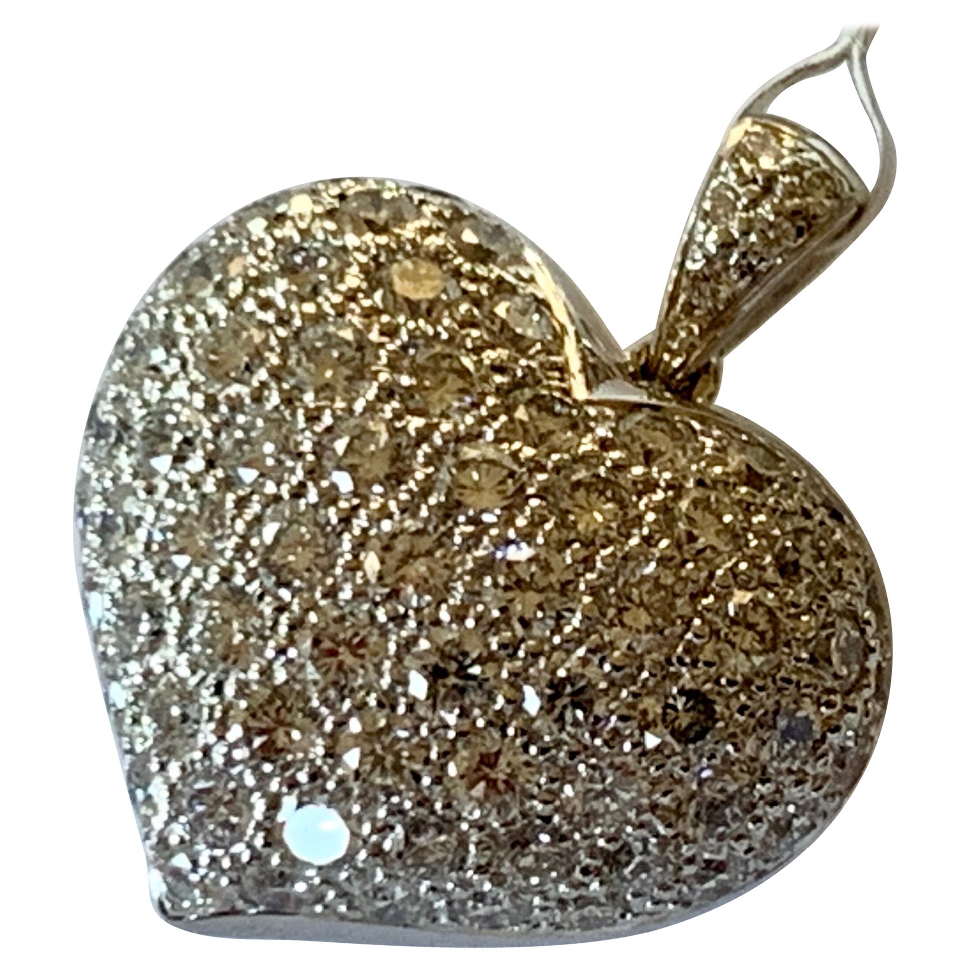 Gorgeous 18 Karat White Gold Pave 1.80 Carat Diamond Heart Pendant For Sale